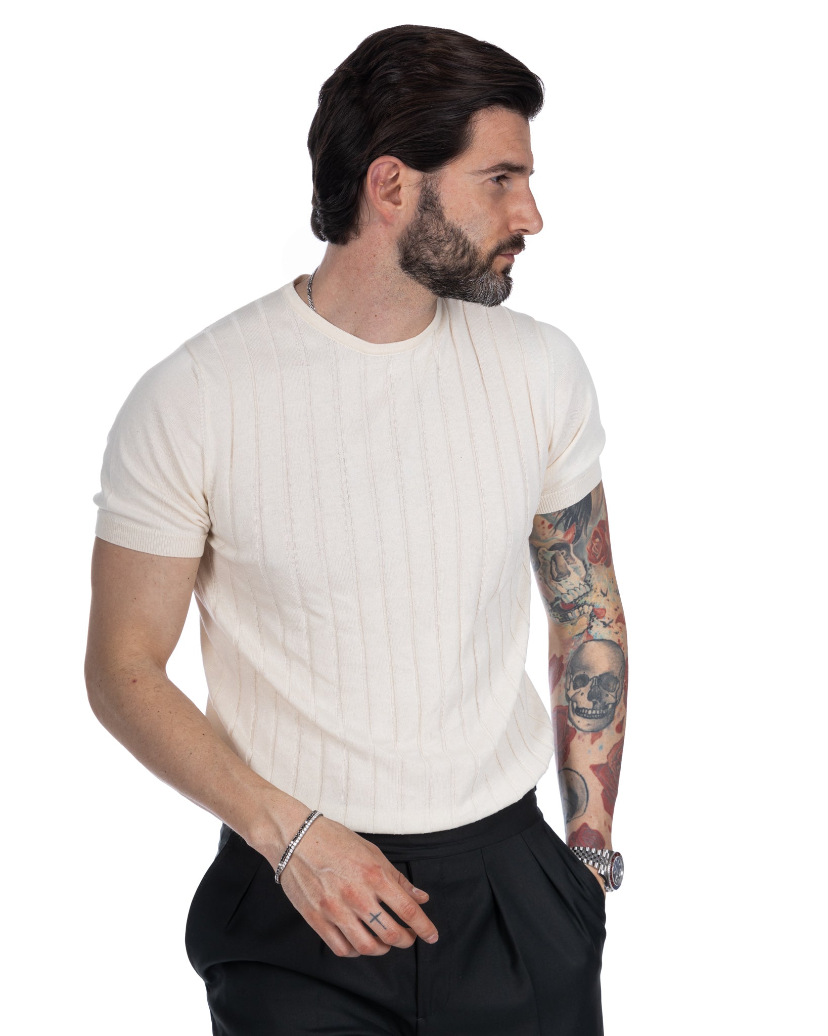 Andreas - cream ribbed knitted t-shirt