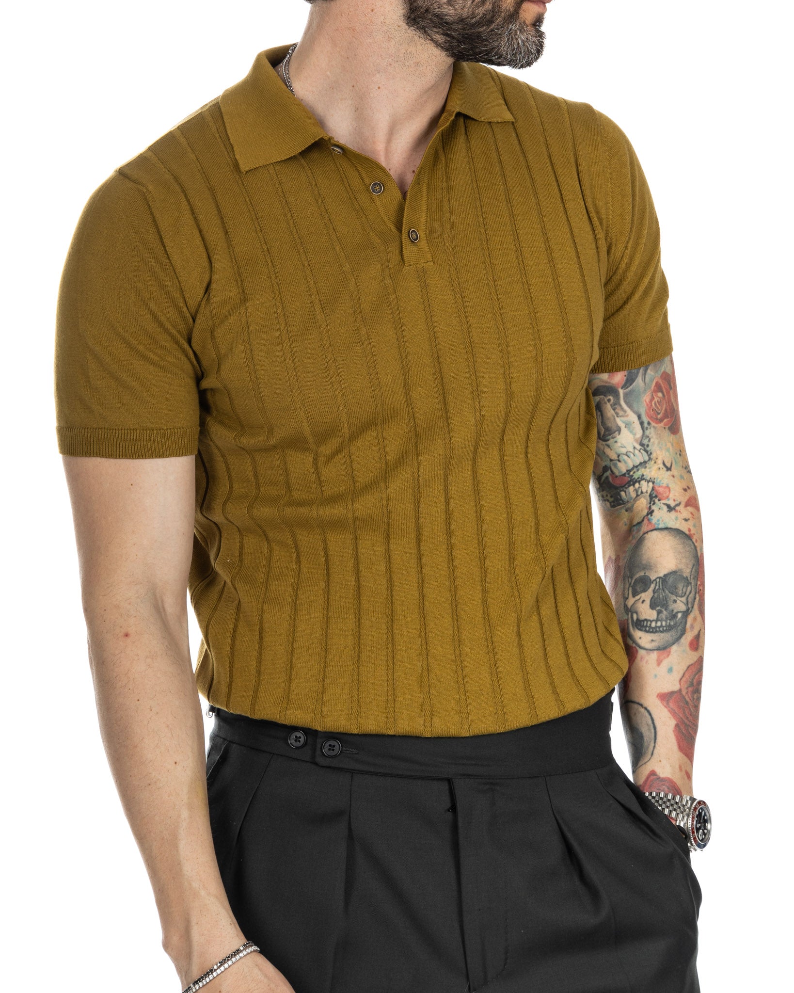 Rafael - camel ribbed knitted polo shirt