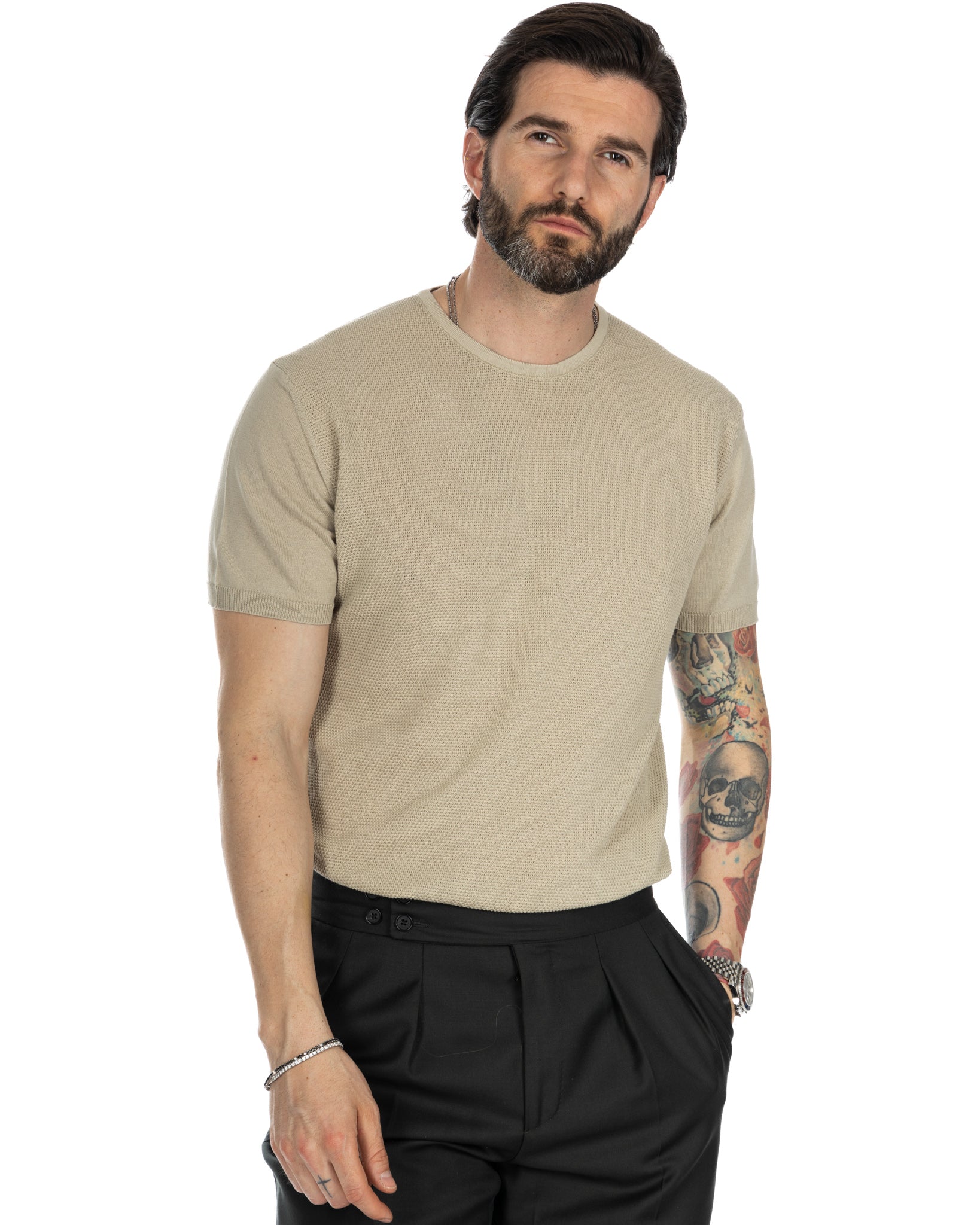 Lorenzo - t-shirt beige in maglia jacquard