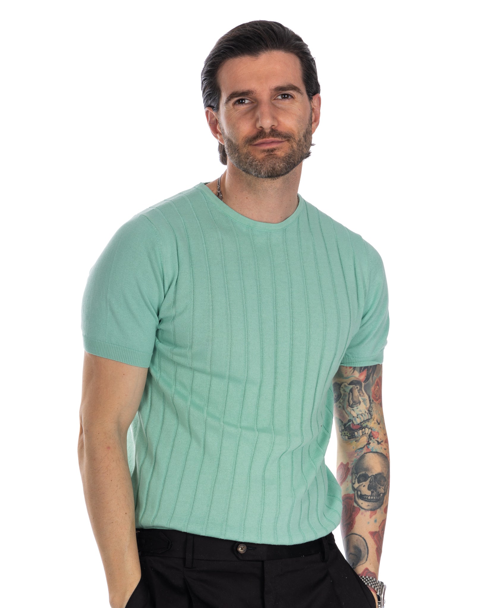 Andreas - t-shirt menta a coste in maglia