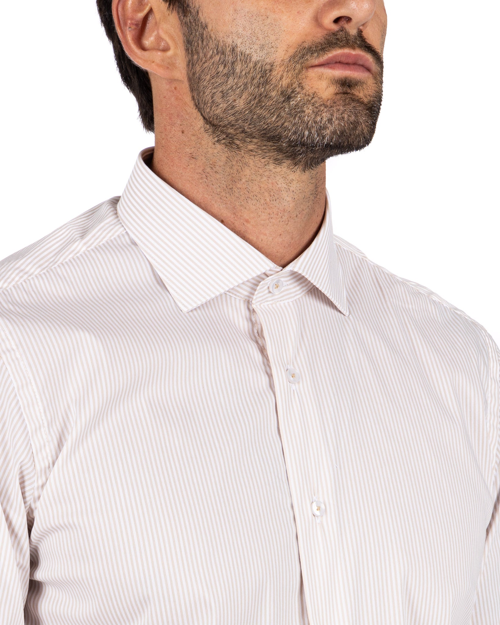 Shirt - classic basic beige narrow stripe in cotton