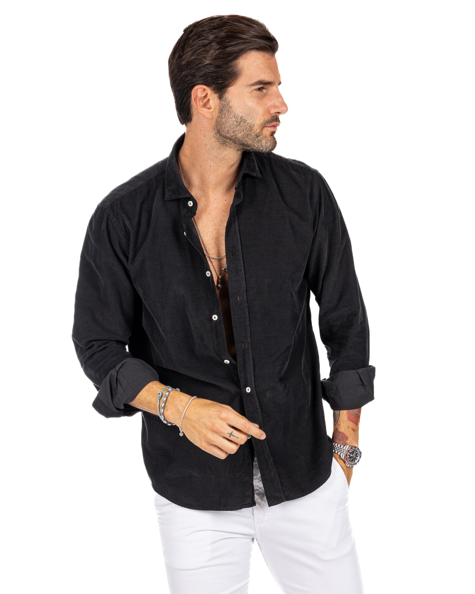 Vega - black thousand-stripe velvet shirt