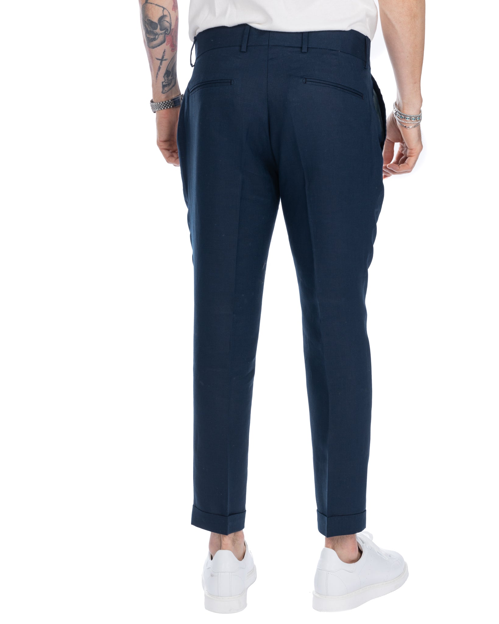 Sorso - pantalone vita alta blu in puro lino