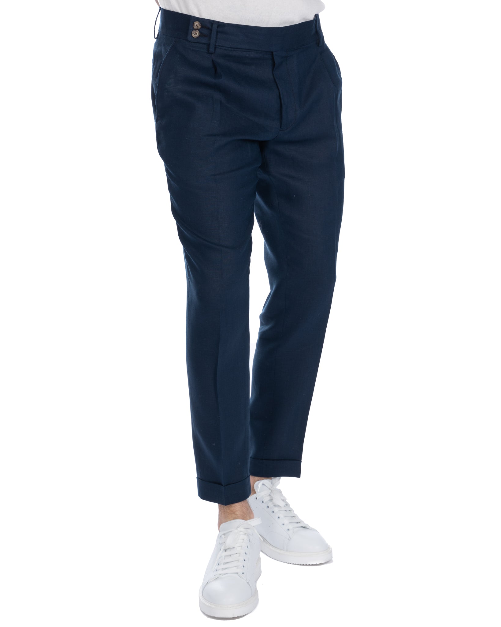 Sorso - pantalone vita alta blu in puro lino