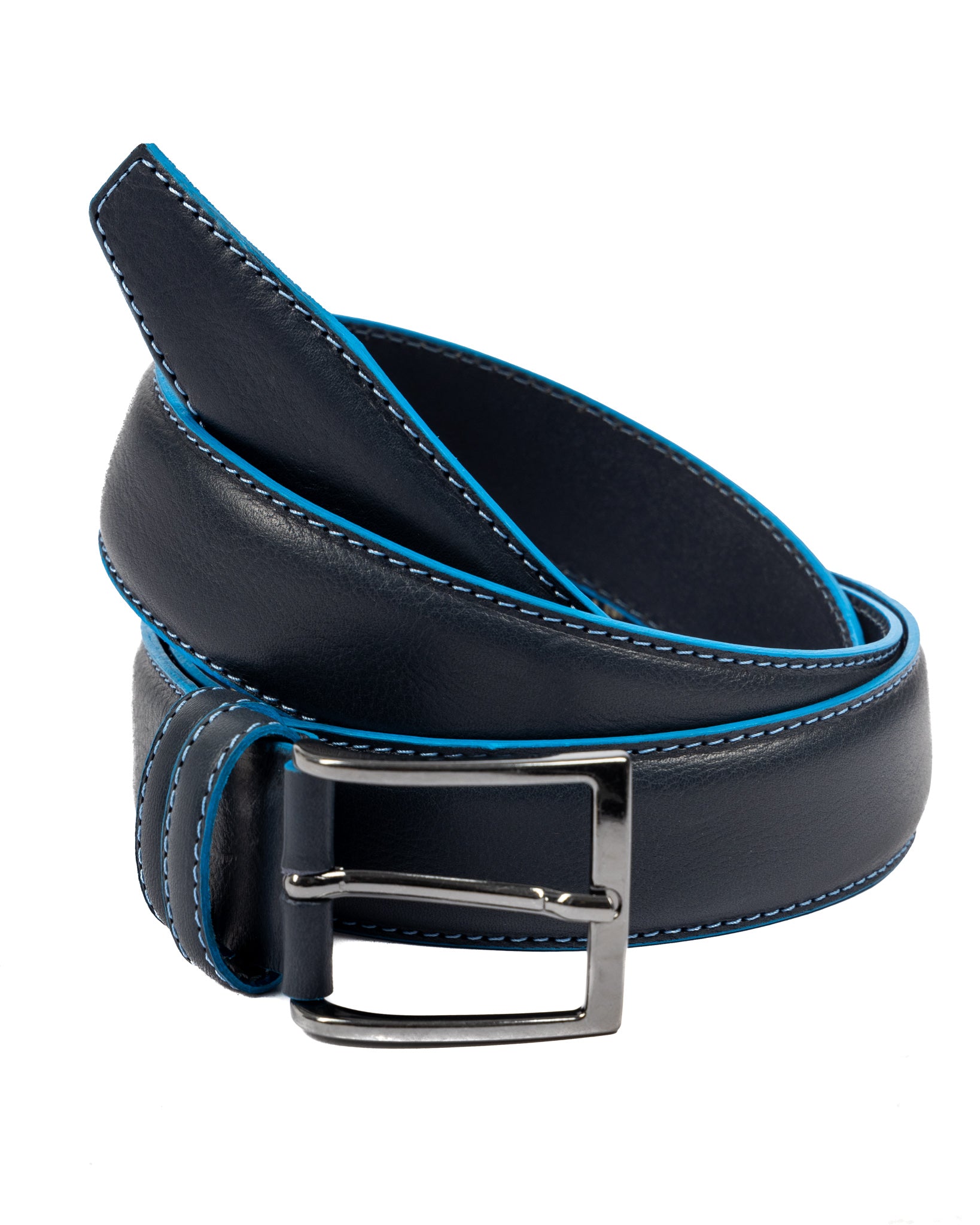 Pienza - blue leather belt with contrasting stitching