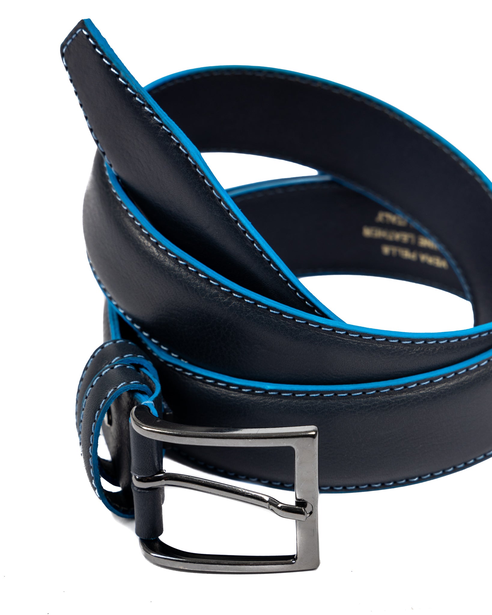 Pienza - blue leather belt with contrasting stitching