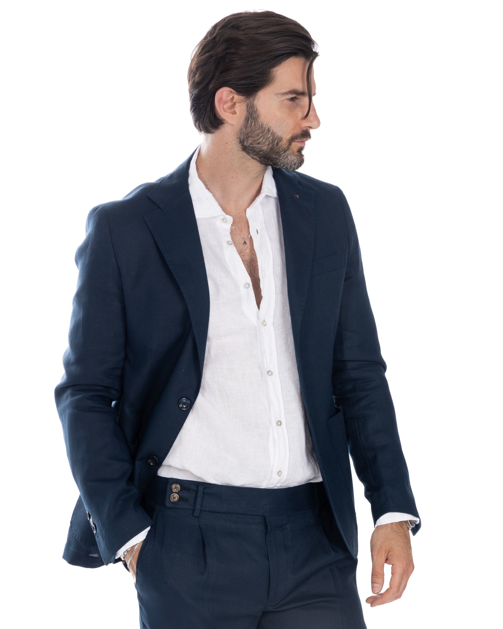 Bosa - blue pure linen single-breasted jacket