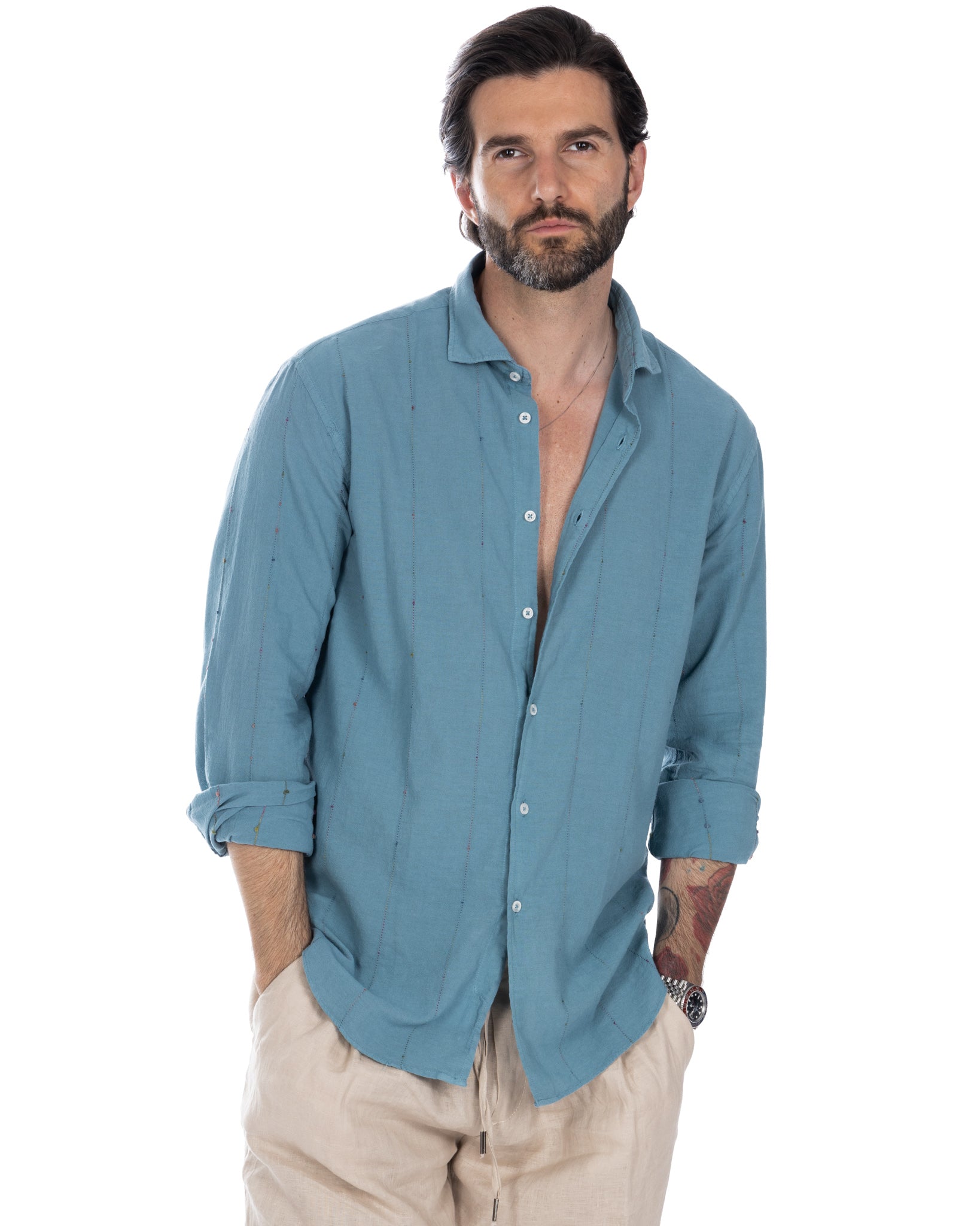 Arcobaleno - camicia ottanio con ricami