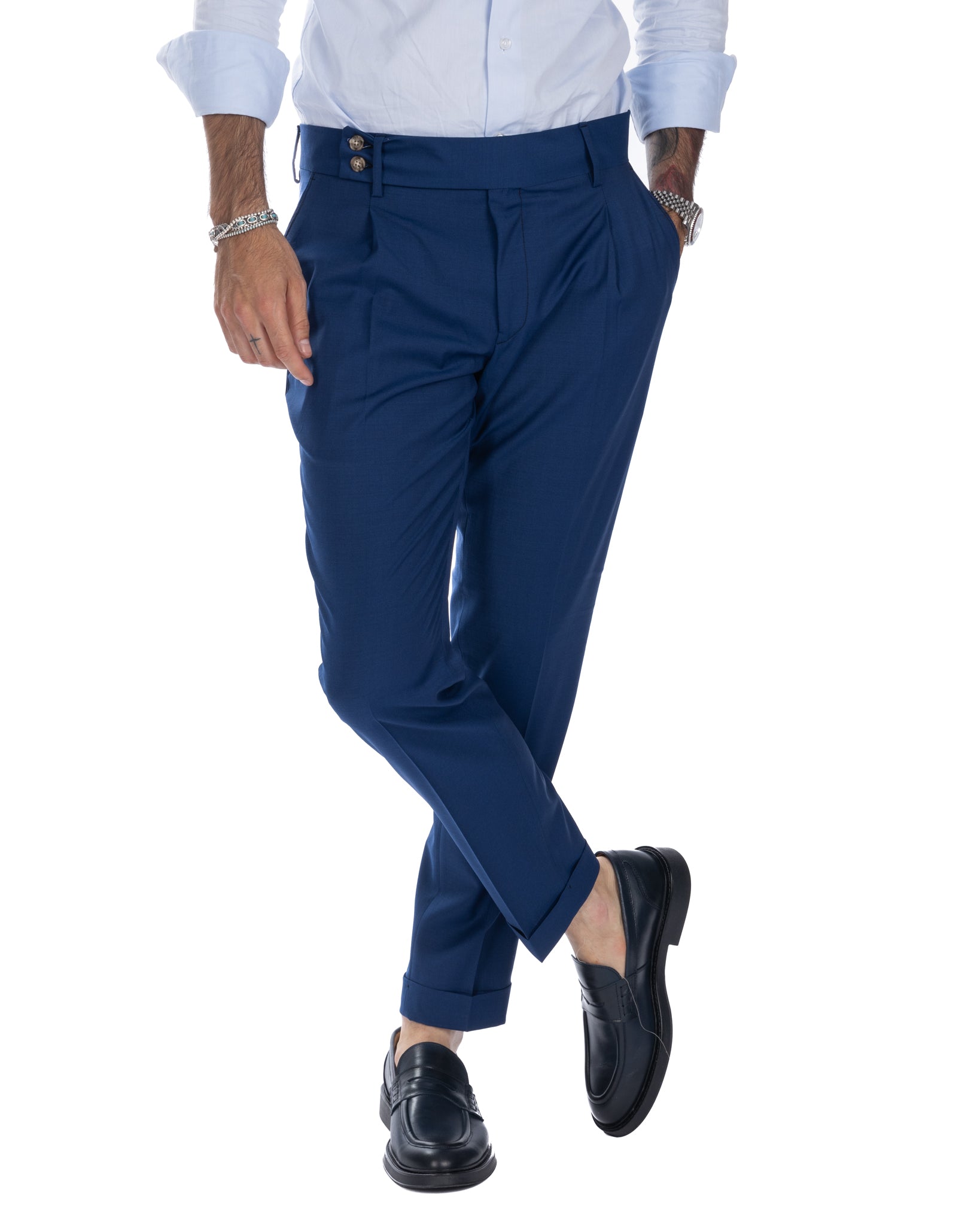 Pantalon italien taille haute bleu en laine mélangée