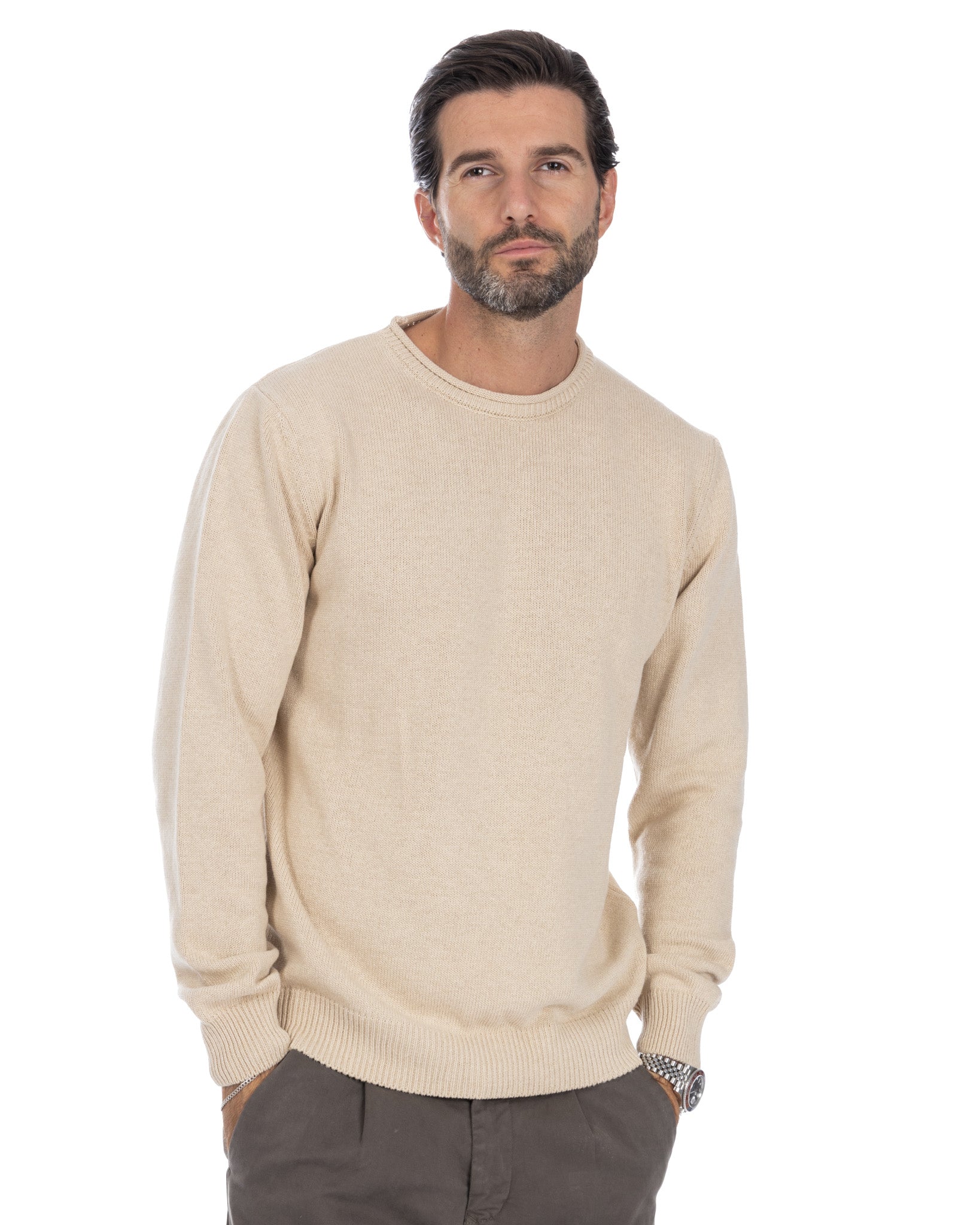 Adak - pull col rond beige