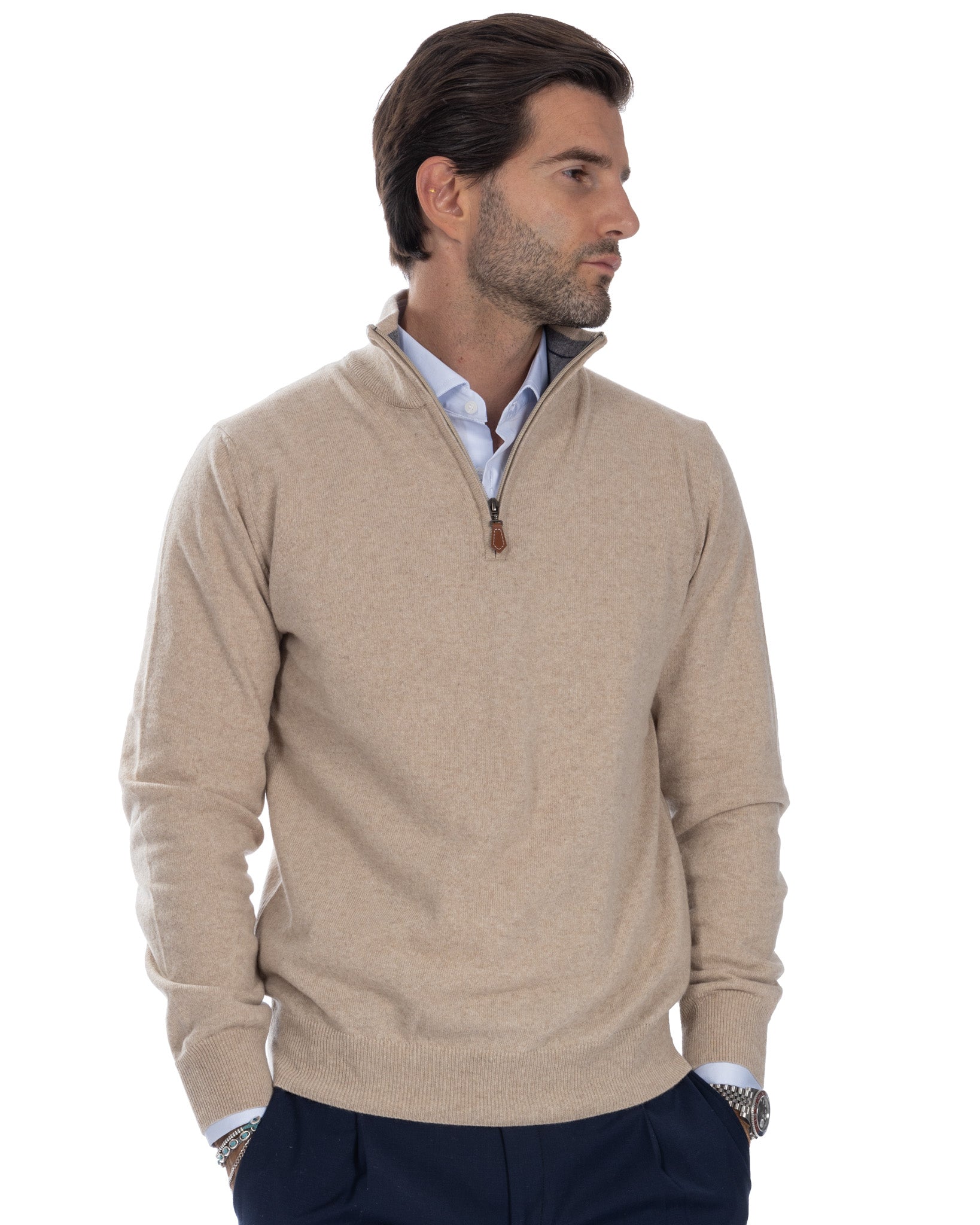 Rory - beige cashmere blend zip sweater