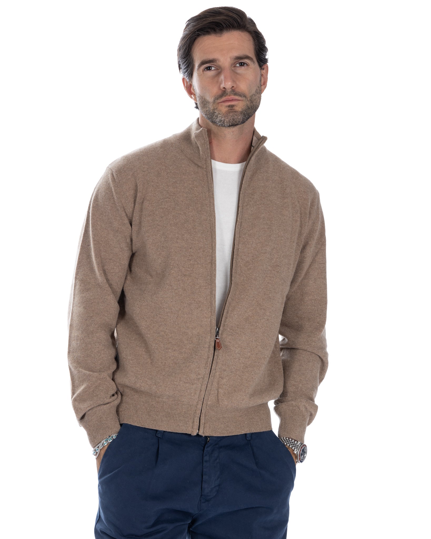 Matt - full zip tobacco sweater in cashmere blend