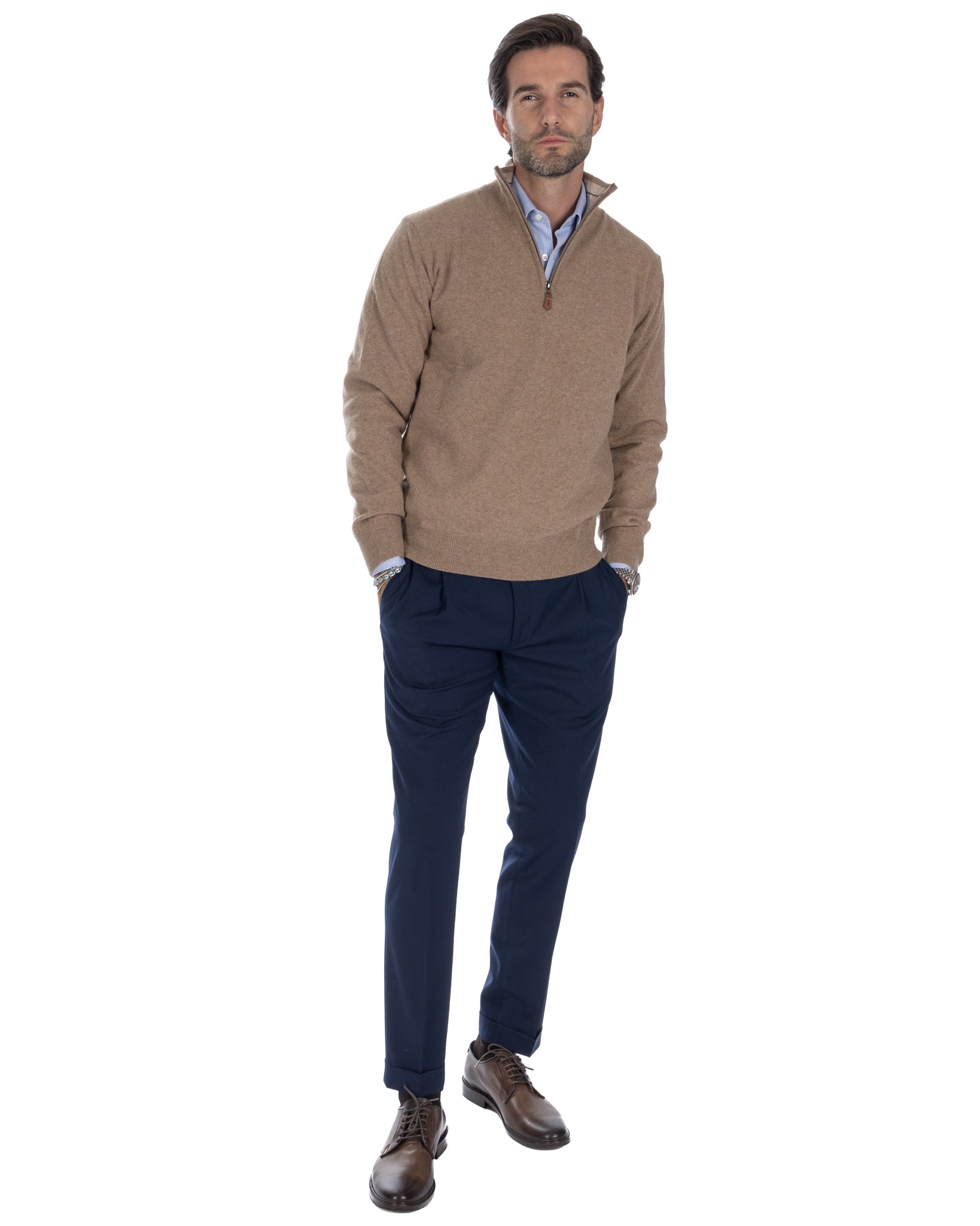 Rory - tobacco sweater with zip in cashmere blend