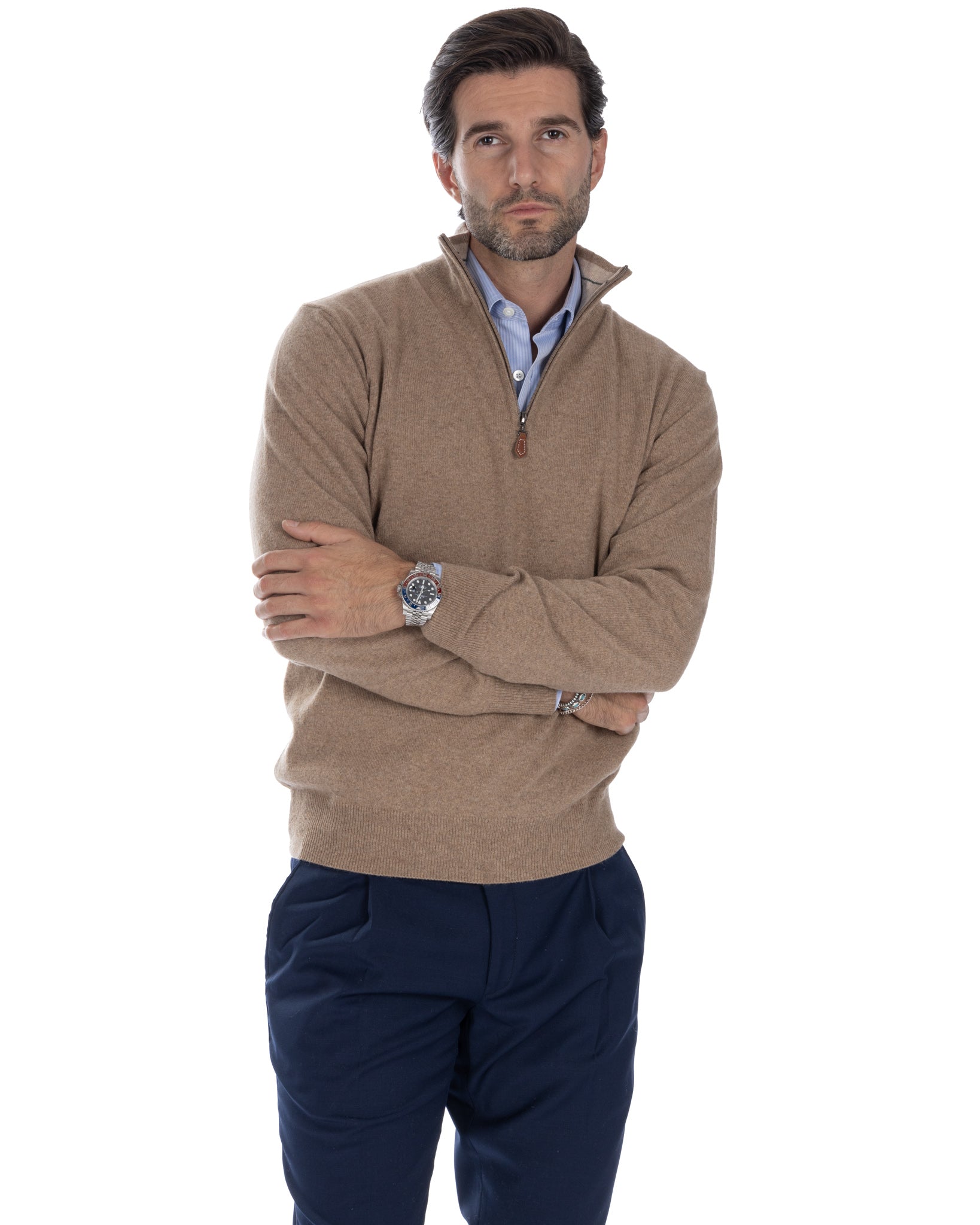 Rory - tobacco sweater with zip in cashmere blend