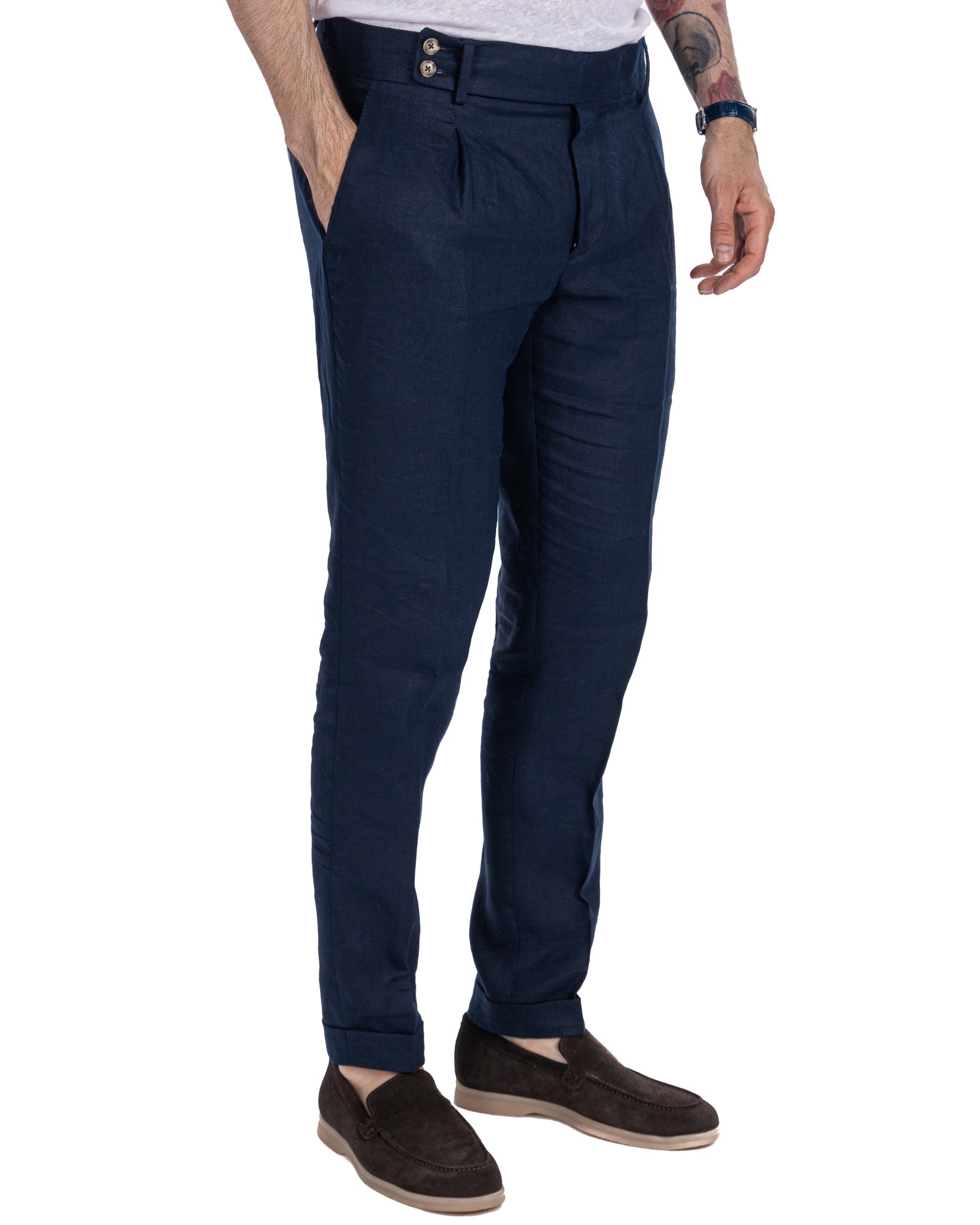 Pescaluse - high-waisted trousers in pure blue linen