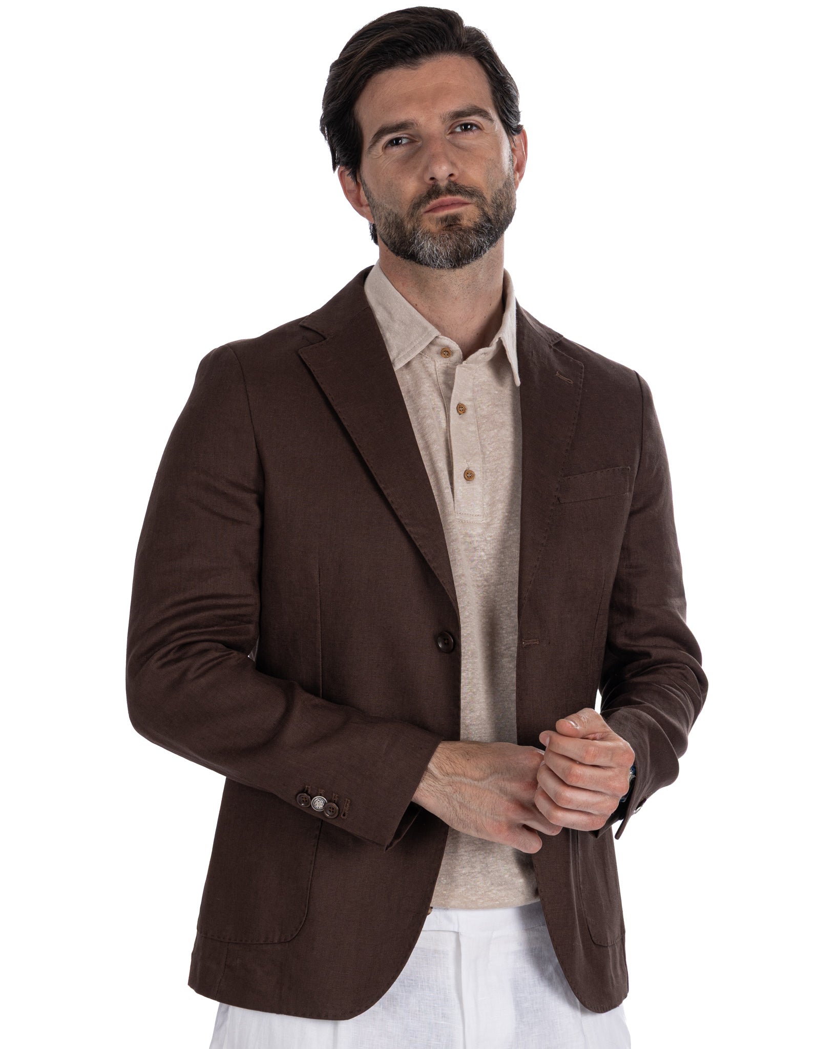 Narni - veste à boutonnage simple en pur lin marron foncé