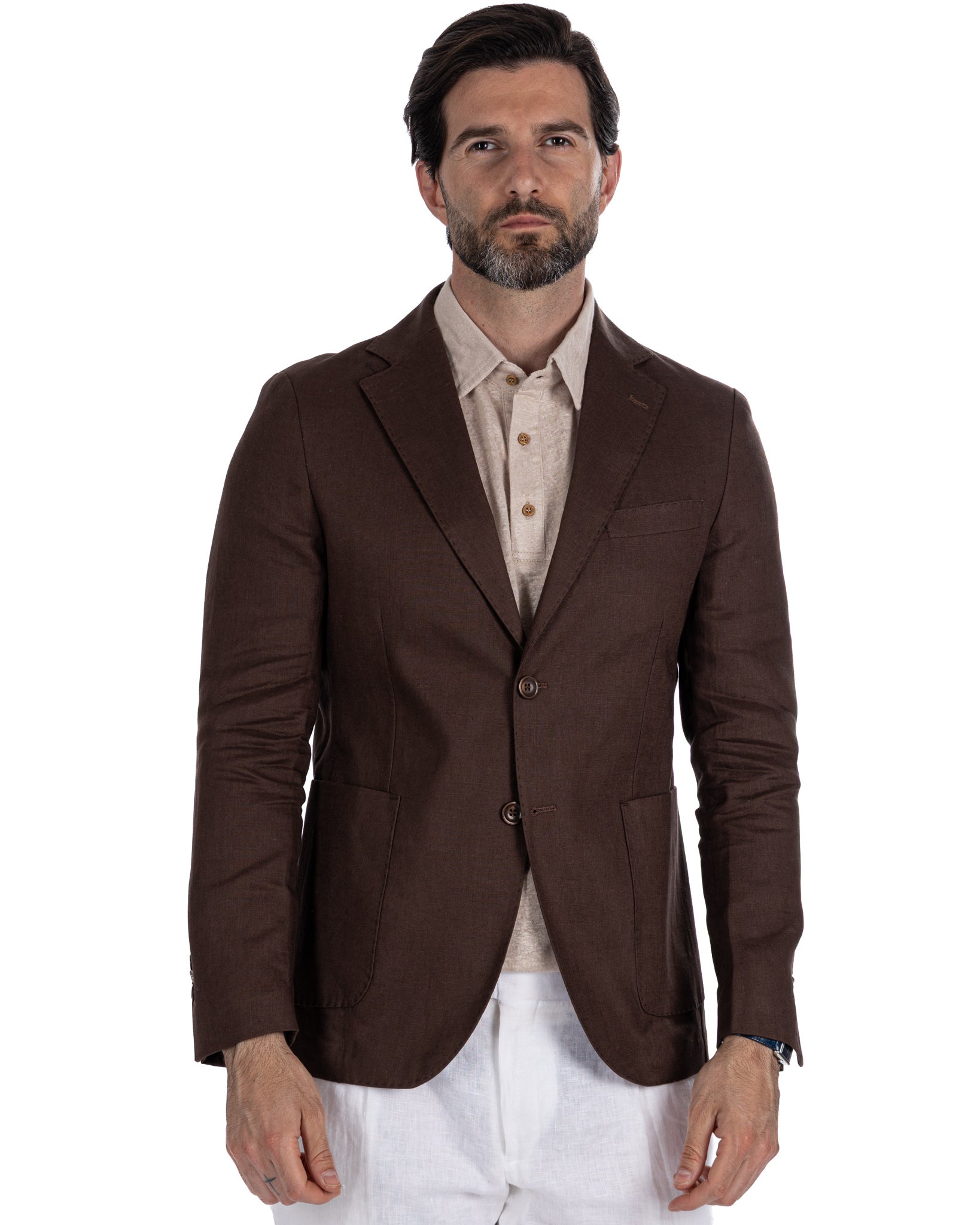 Narni - veste à boutonnage simple en pur lin marron foncé
