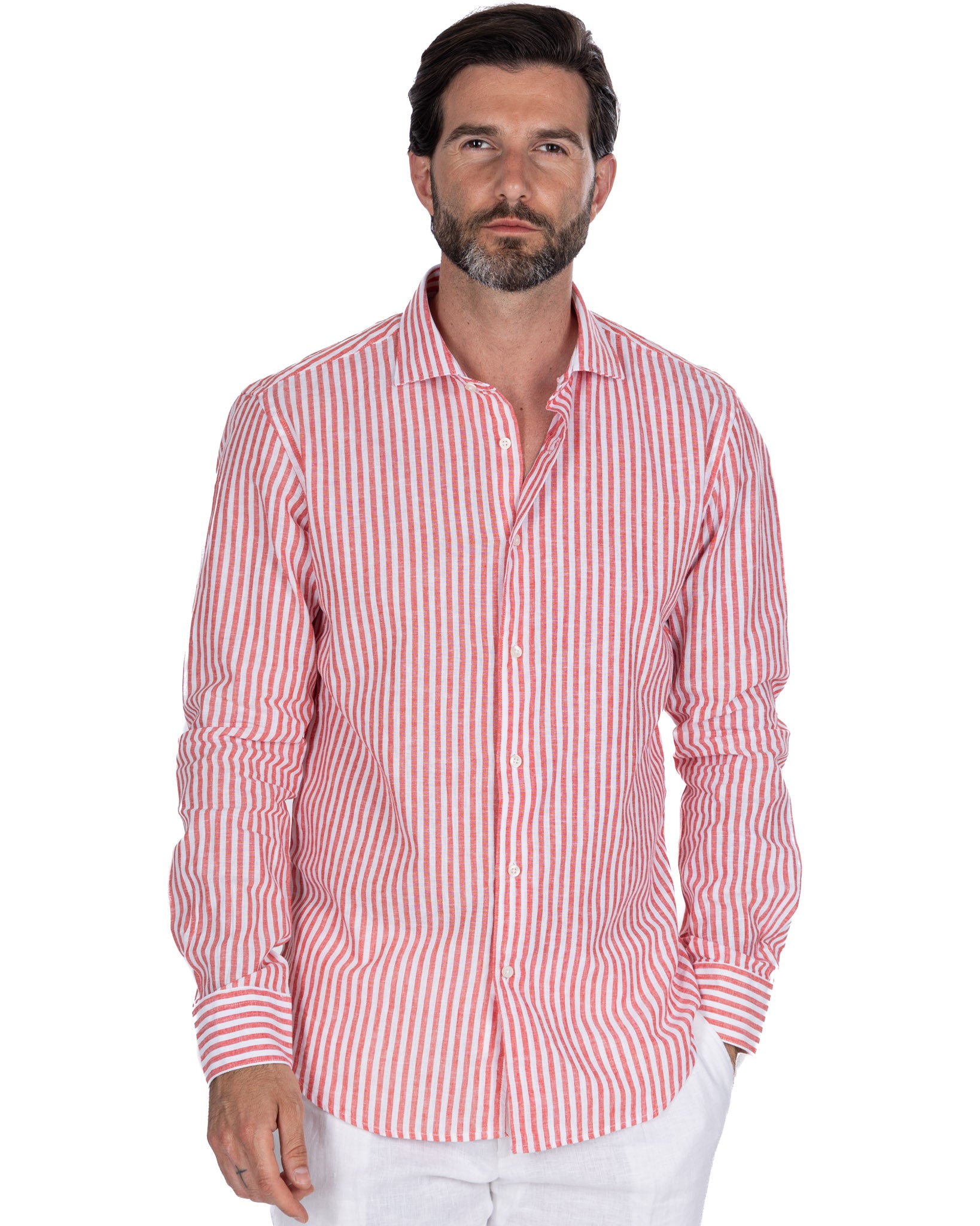 Cassis - Red Striped Linen Blend Shirt