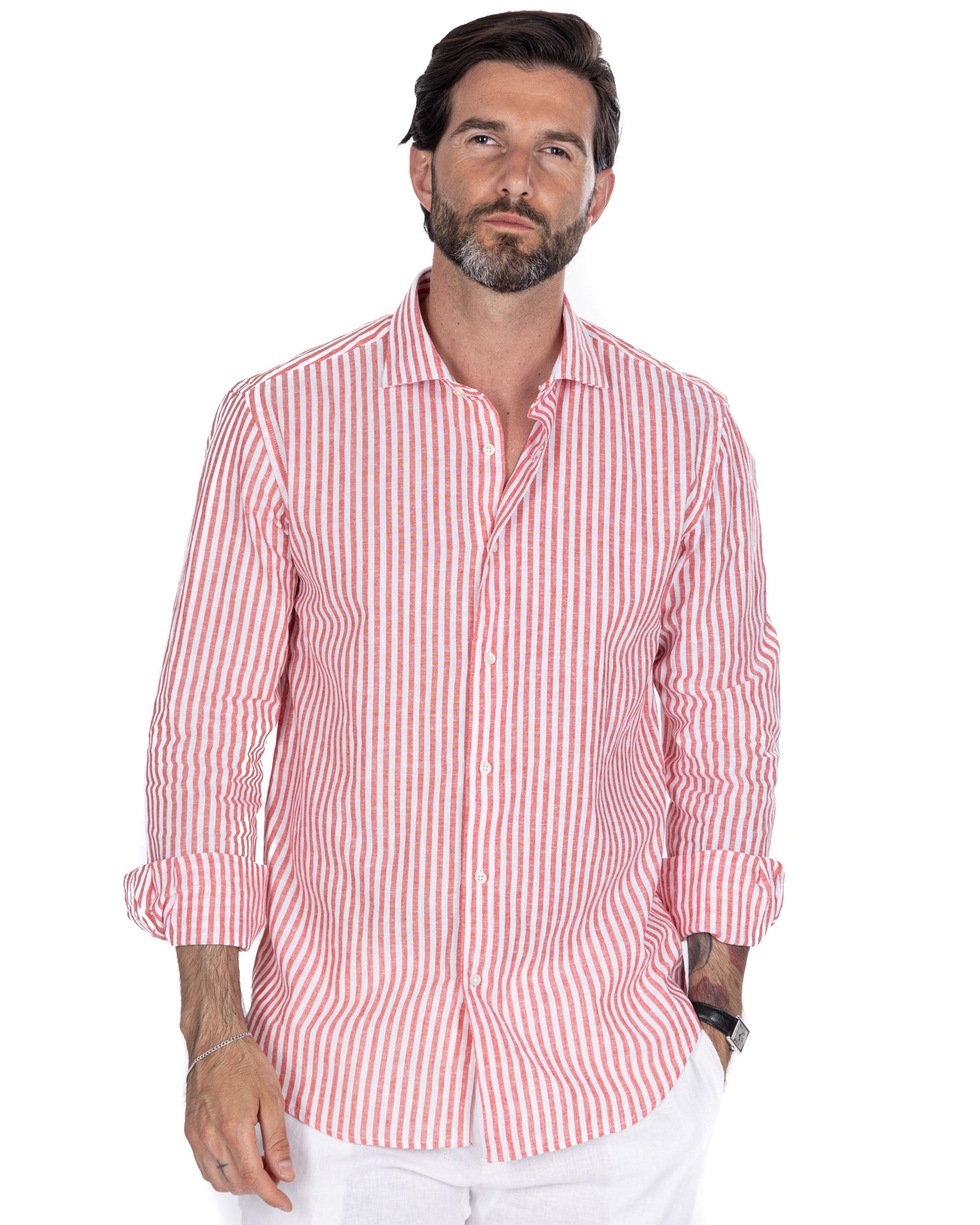 Cassis - Red Striped Linen Blend Shirt