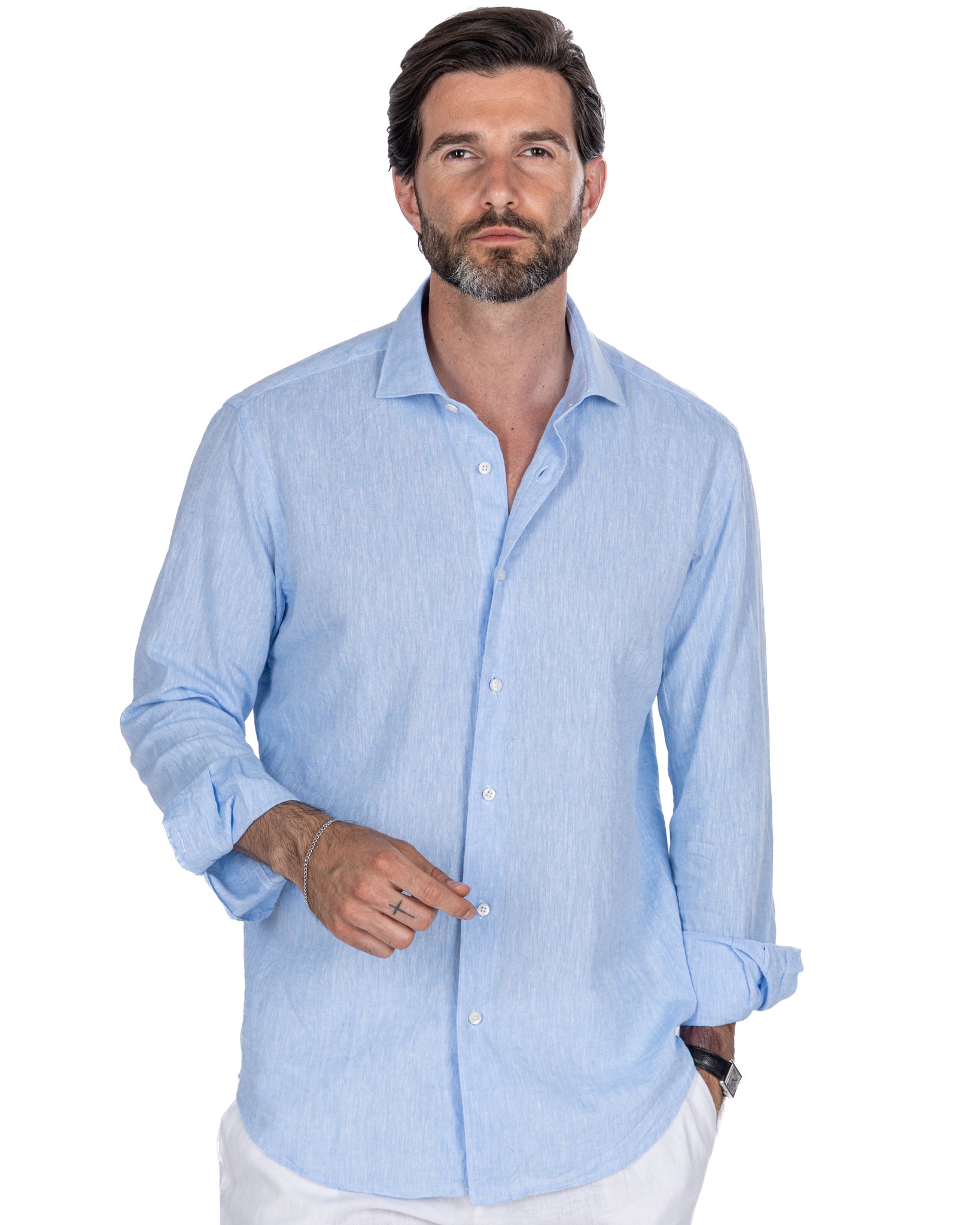 Rennes - camicia in misto lino melange azzurra