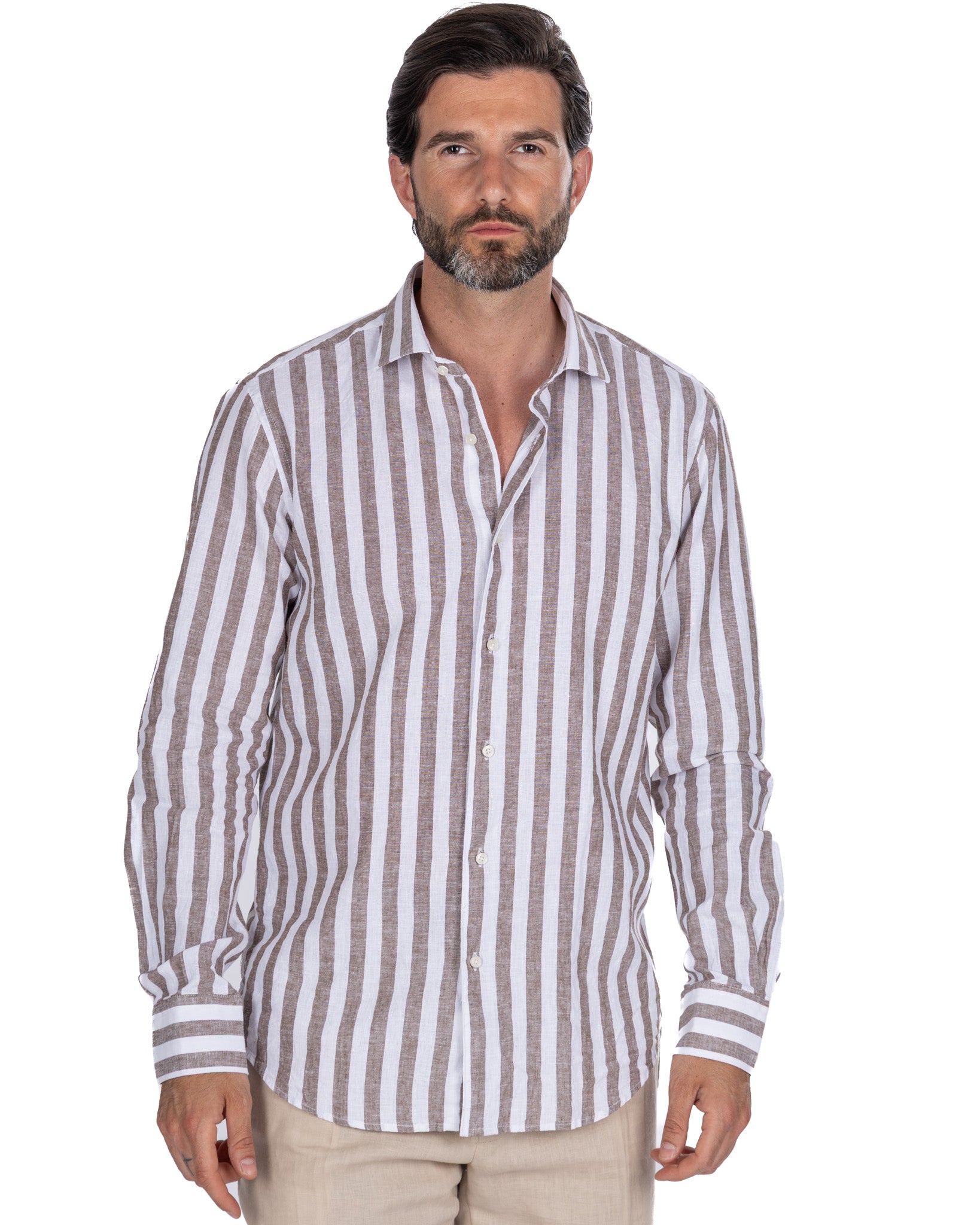Eze - camicia in misto lino a righe moro