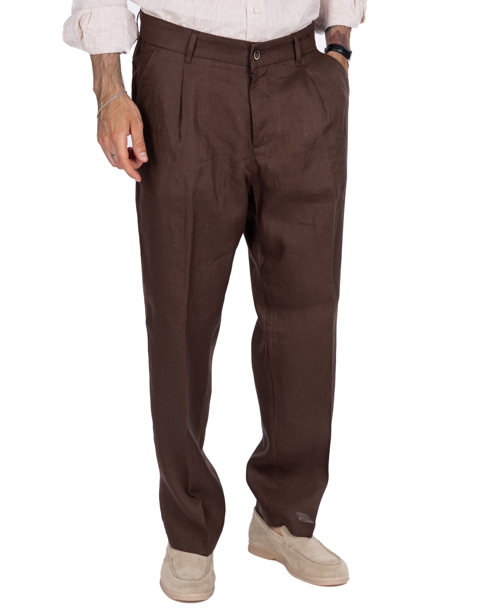 Lucas - pantalon large en pur lin foncé