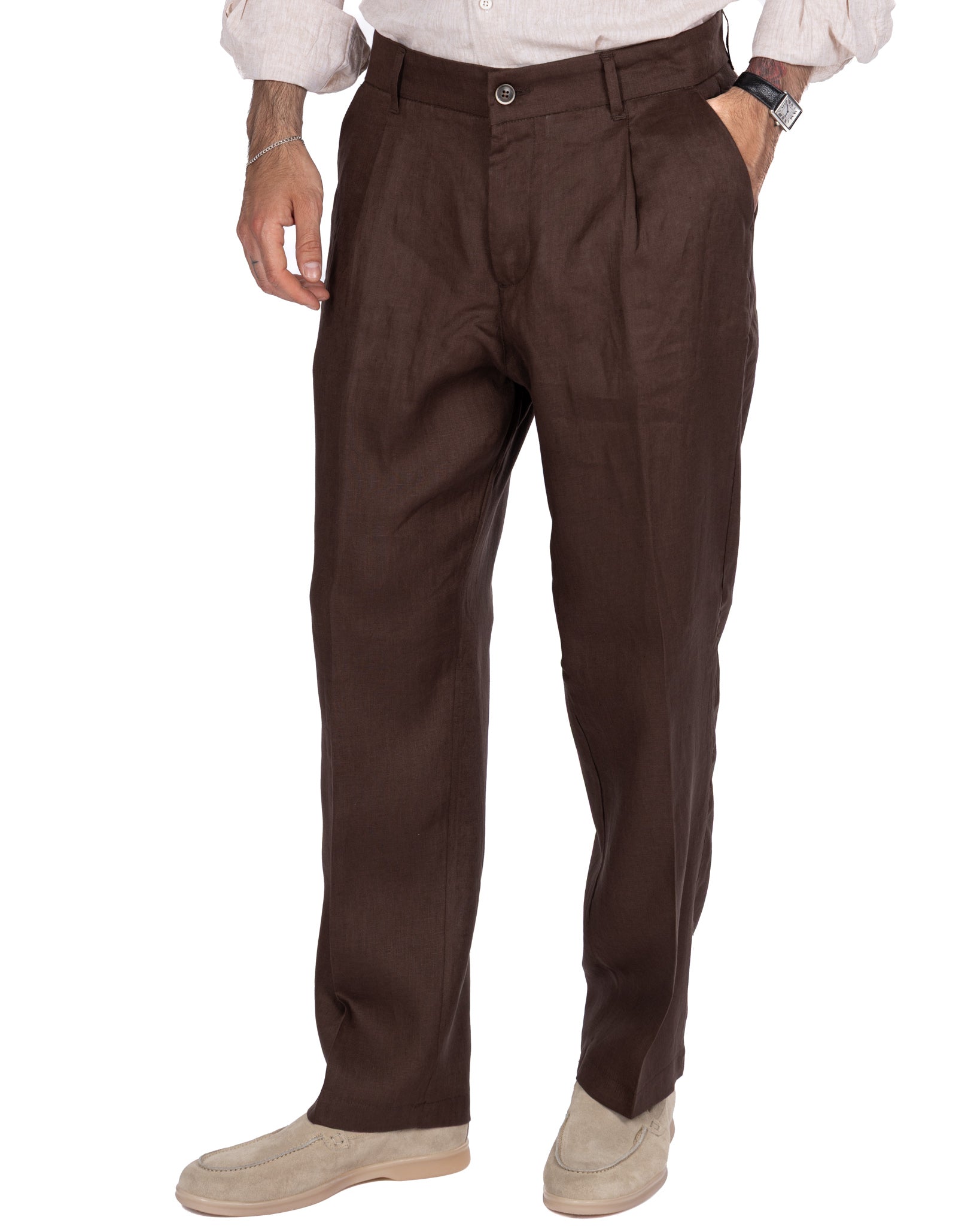 Lucas - pantalon large en pur lin foncé