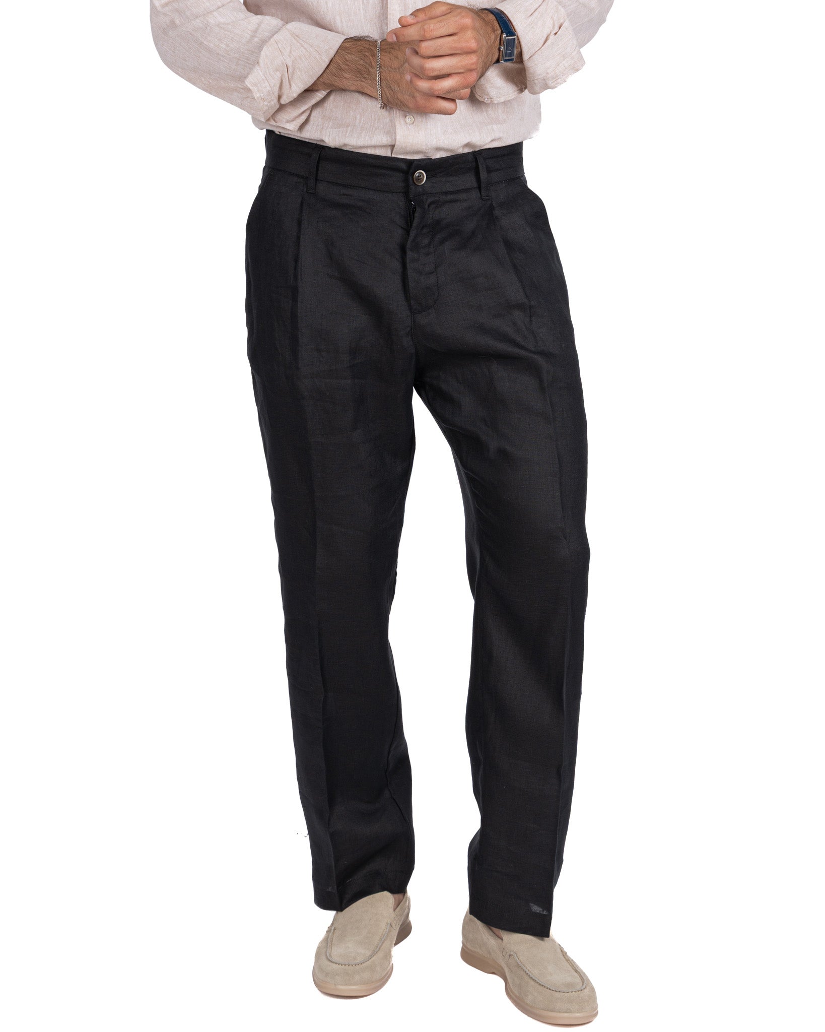 Lucas - wide trousers in pure black linen with pleats