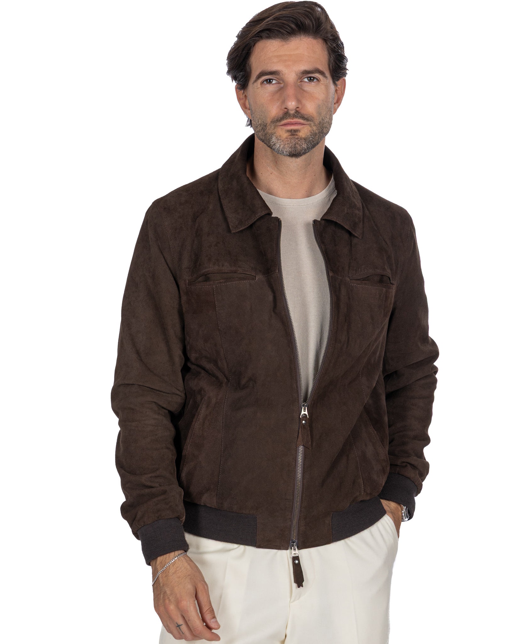 Giacca con zip scamosciata moro