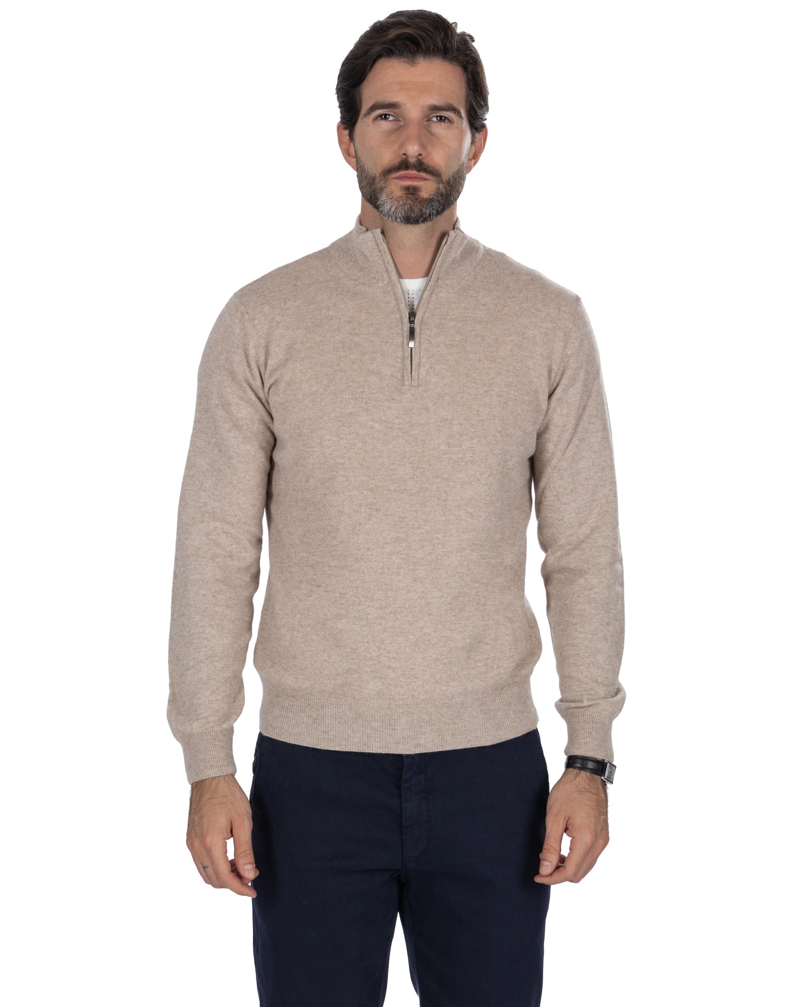 Rory zip-up turtleneck sweater in sand cashmere blend