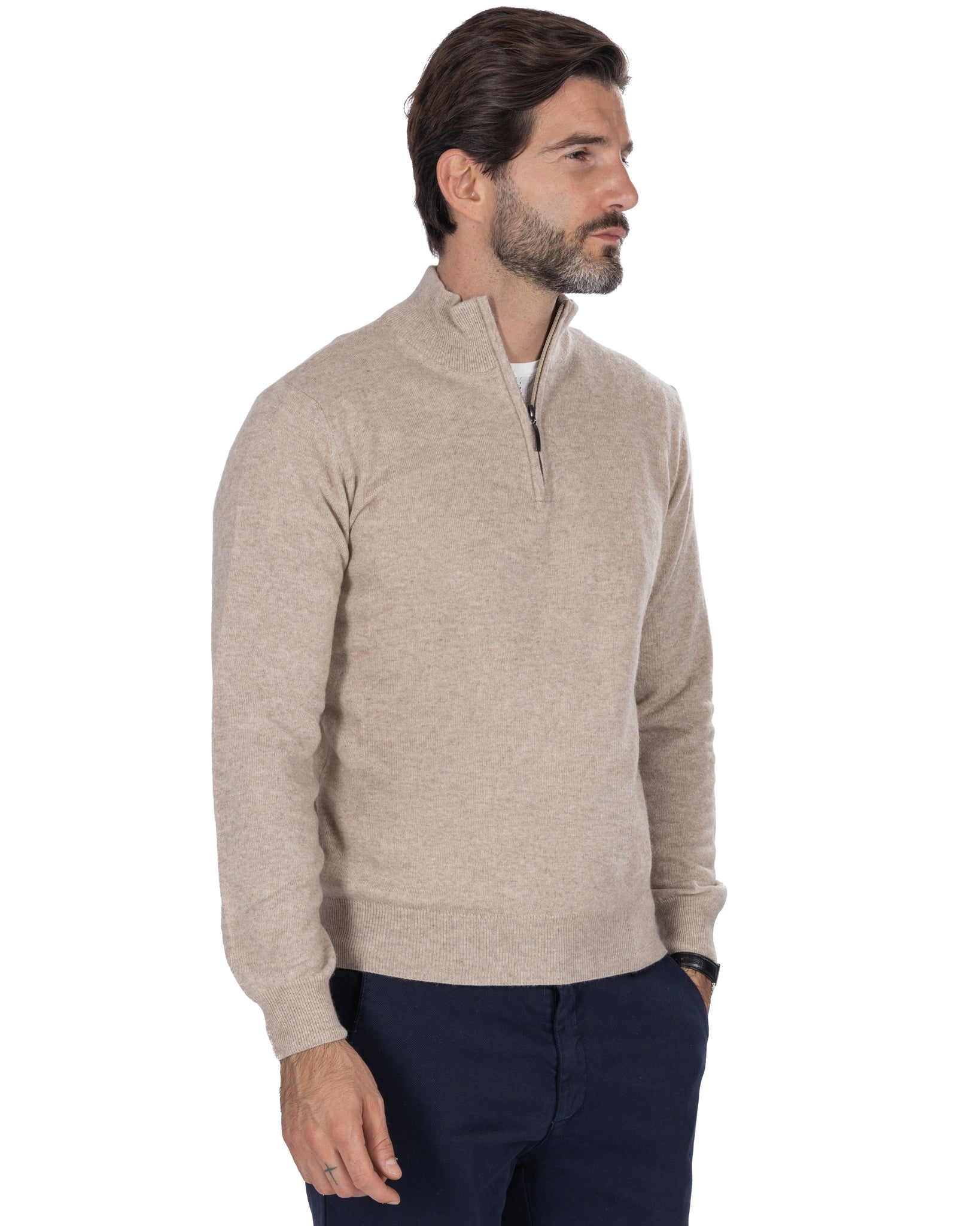 Rory zip-up turtleneck sweater in sand cashmere blend