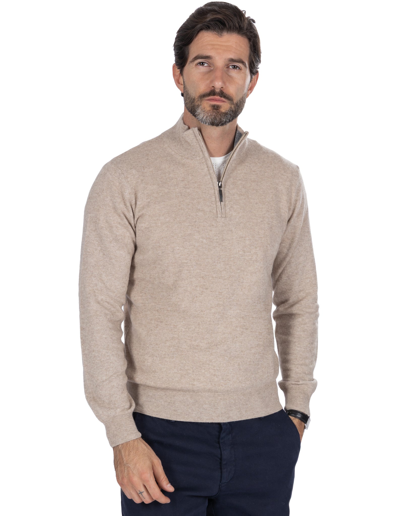 Rory zip-up turtleneck sweater in sand cashmere blend