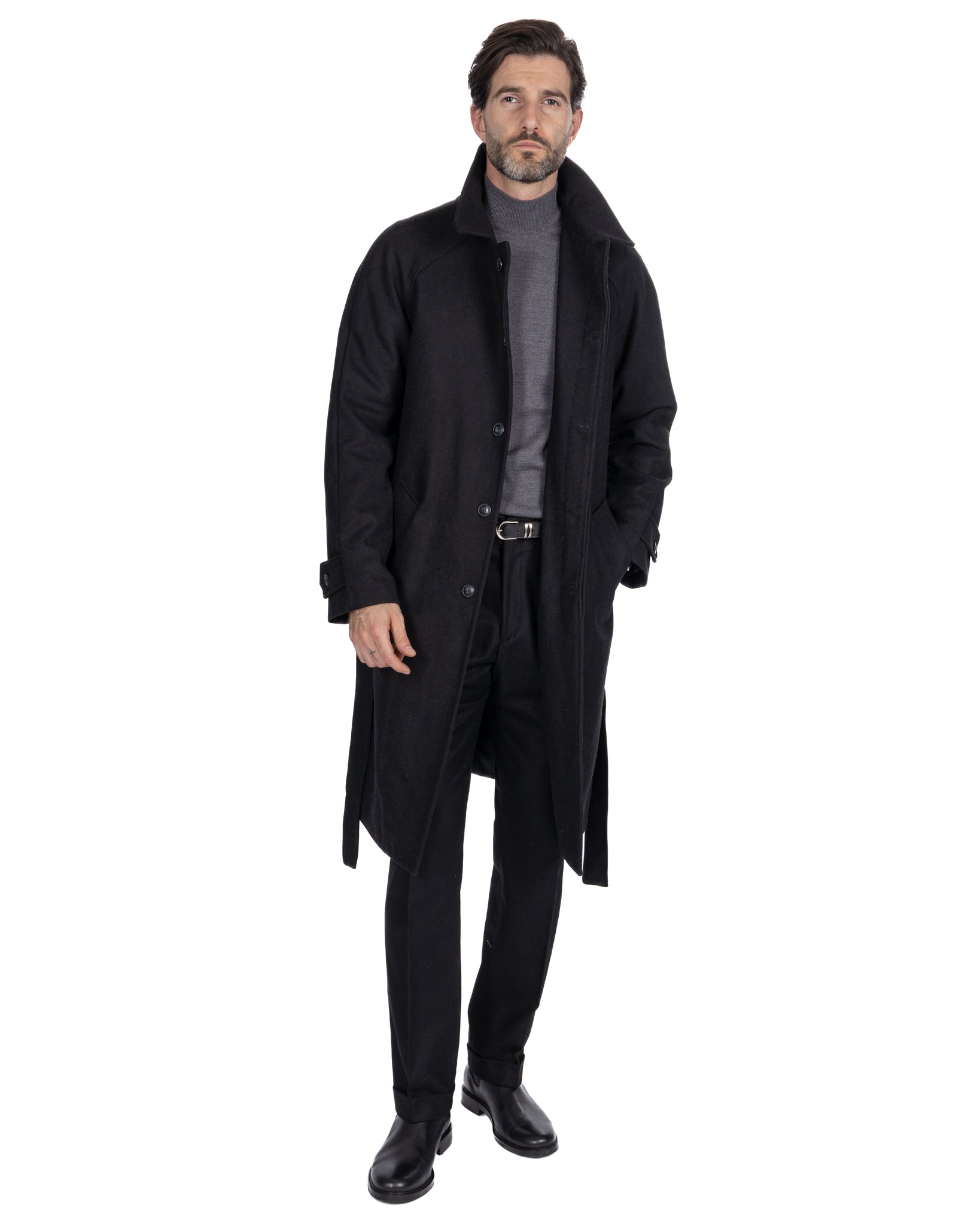 Dimitri long coat in black flannel