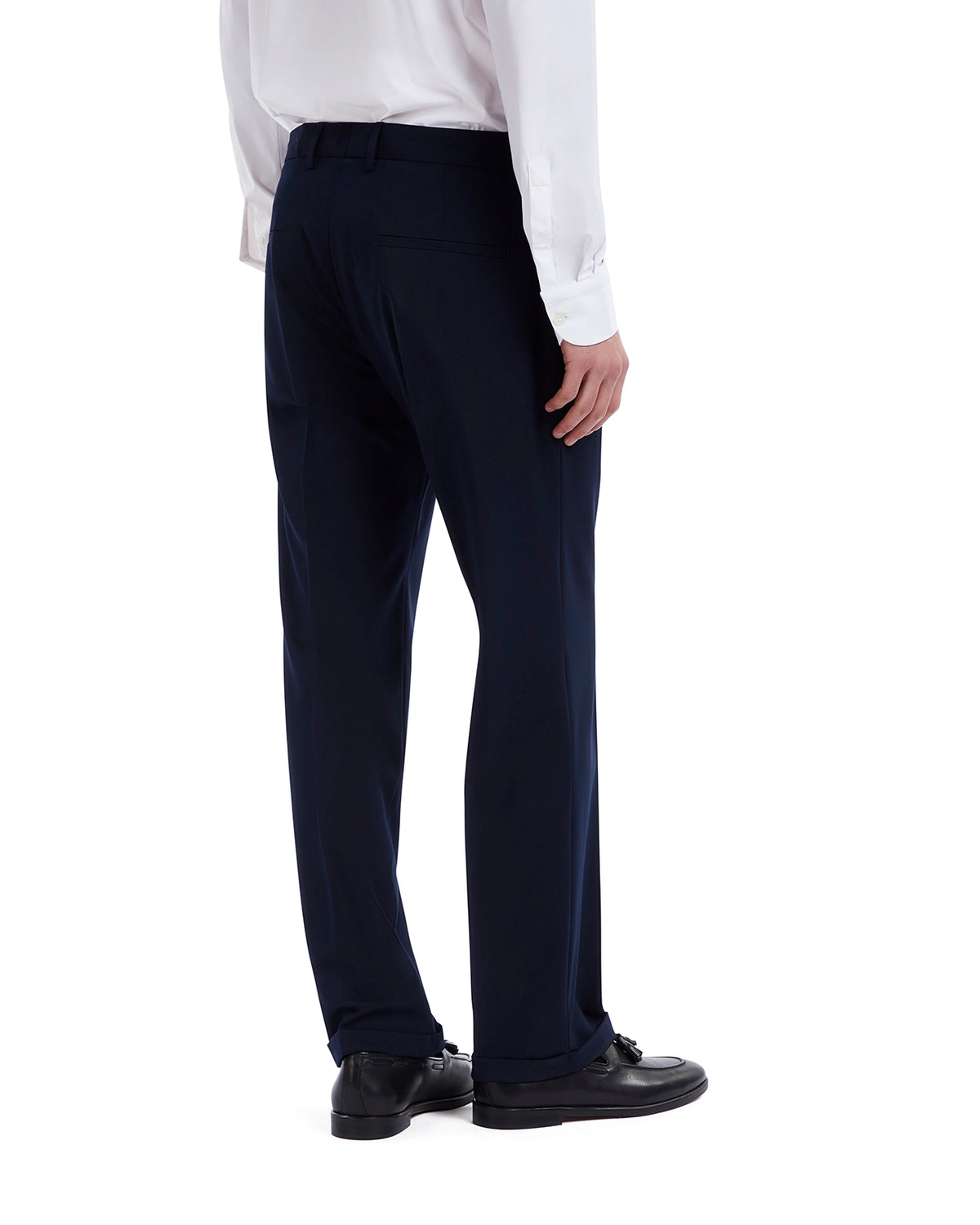Men's navy dress pants, tailored fit, made from lightweight fabric, perfect for formal or business attire.