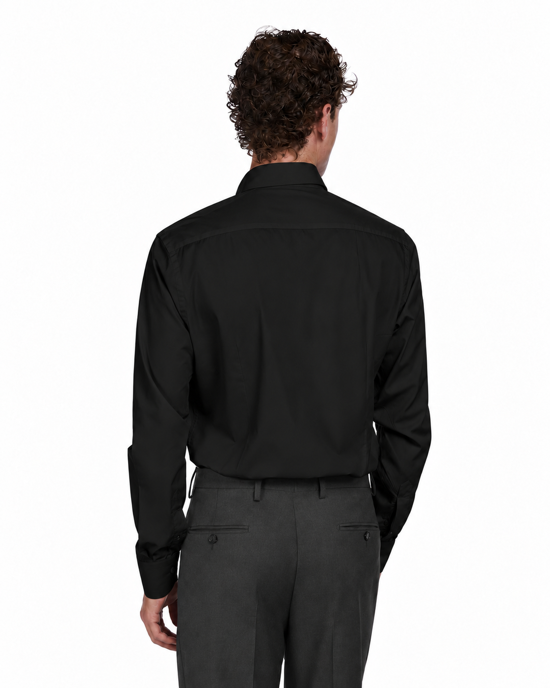 Men's long-sleeve black dress shirt, sleek cotton blend, tailored fit, versatile for formal or casual occasions.