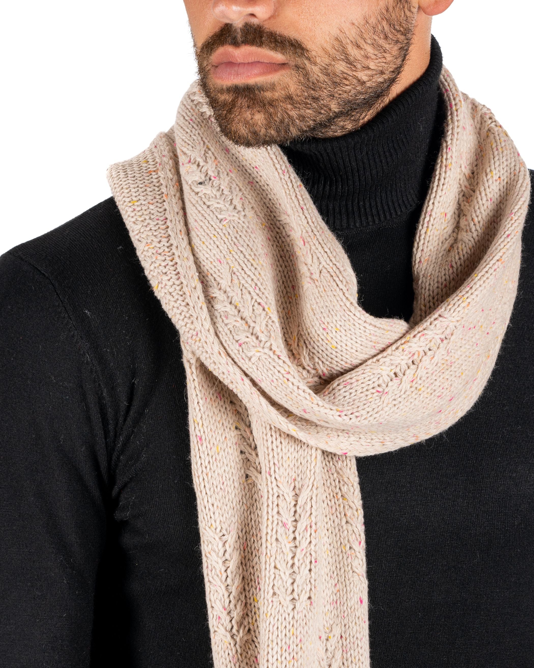 HEAVY WHITE SCARF WITH MULTICOLORED MICRO PATTERN FRINGES