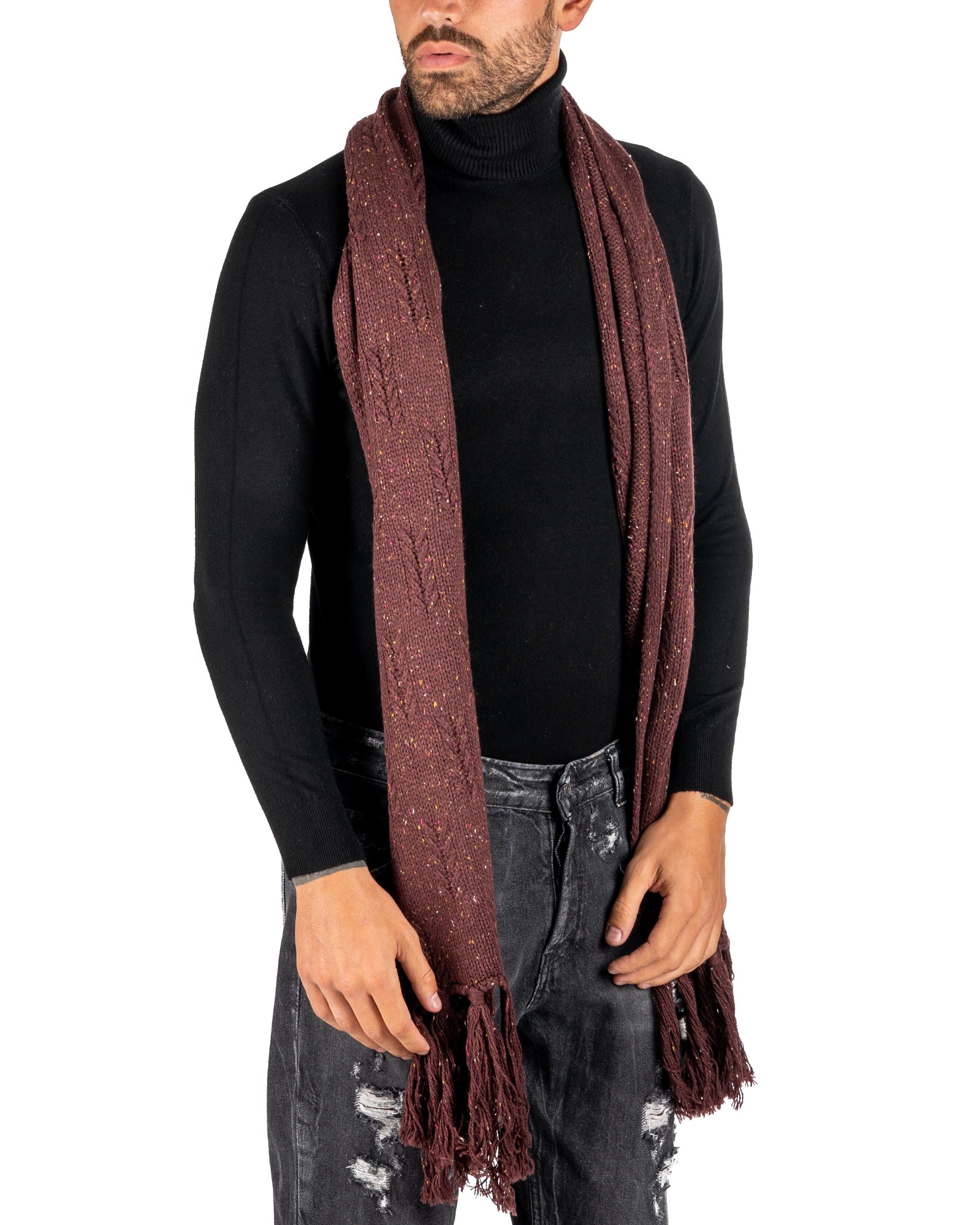 HEAVY BURGUNDY SCARF WITH MULTICOLORED MICRO PATTERN FRINGES