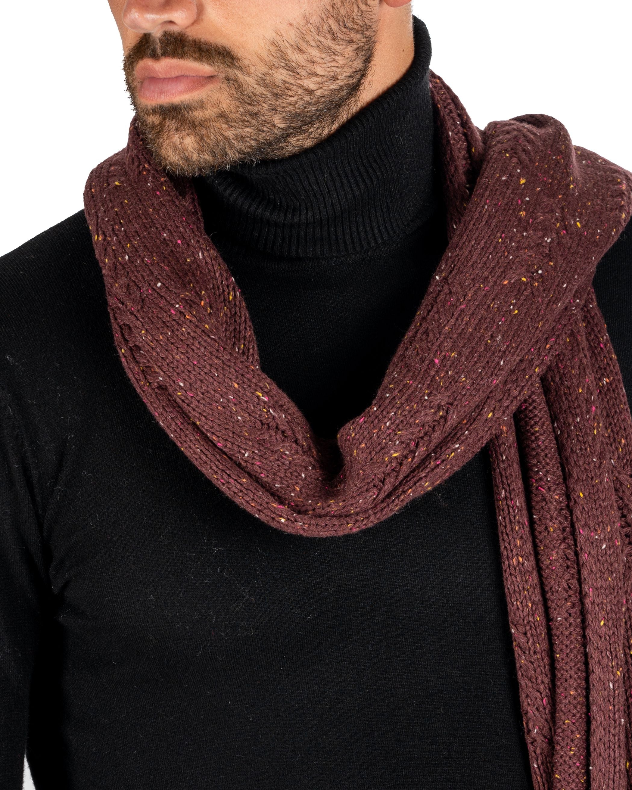 HEAVY BURGUNDY SCARF WITH MULTICOLORED MICRO PATTERN FRINGES