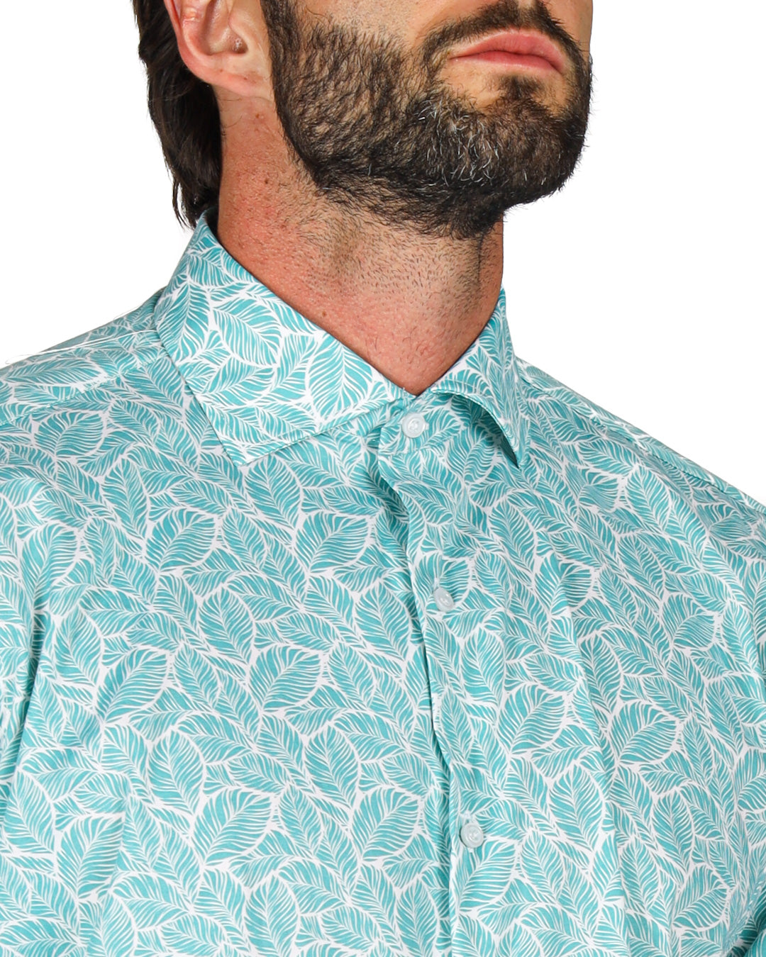 Men's mint green short-sleeve shirt with white leaf print, crafted from lightweight cotton for a tropical style.