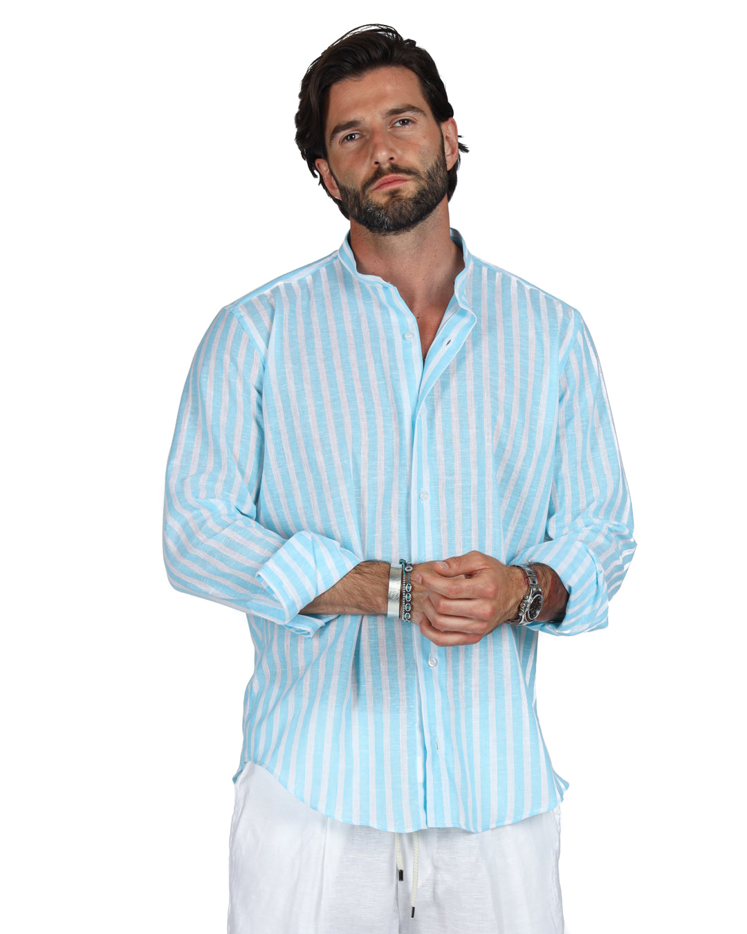 Procida - Korean shirt with turquoise wide stripes in linen
