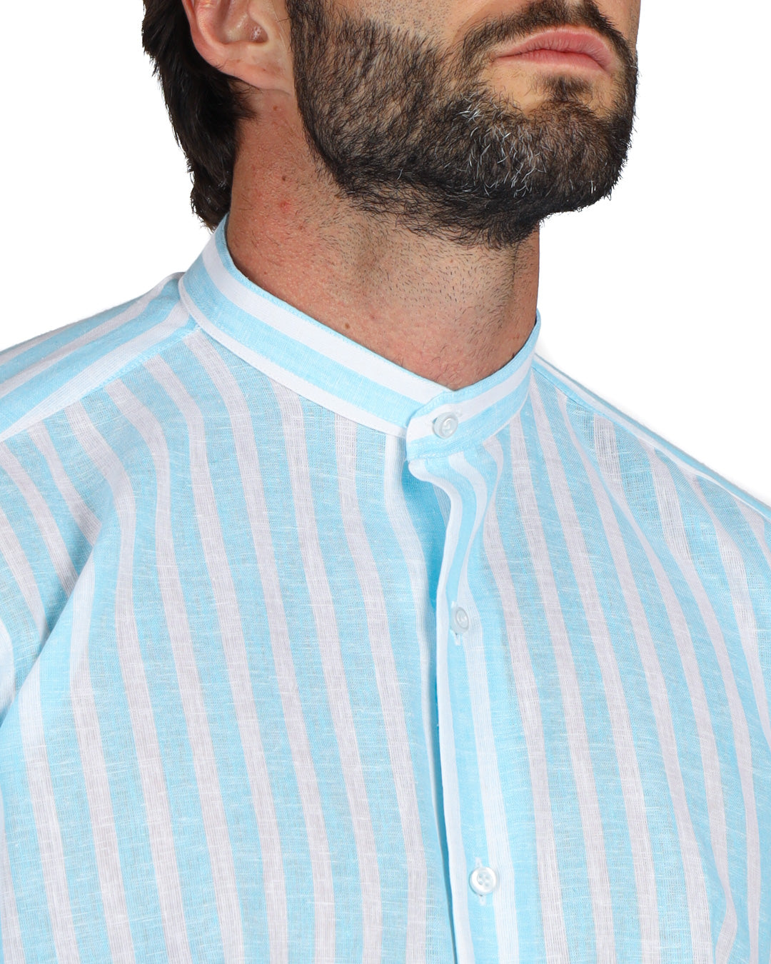 Procida - Korean shirt with turquoise wide stripes in linen