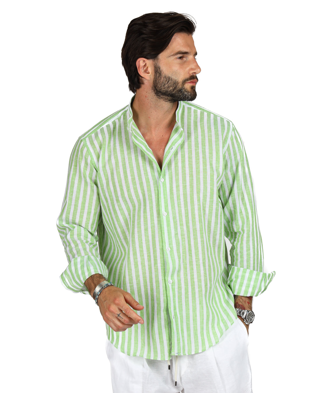 Procida - Korean shirt with wide green stripes in linen