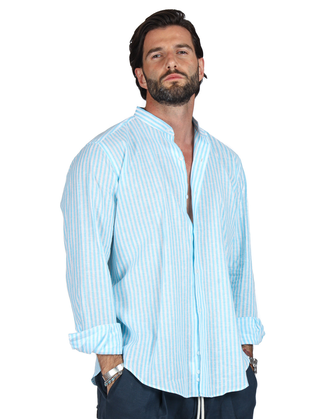 Ischia - Turquoise narrow striped Korean shirt in linen