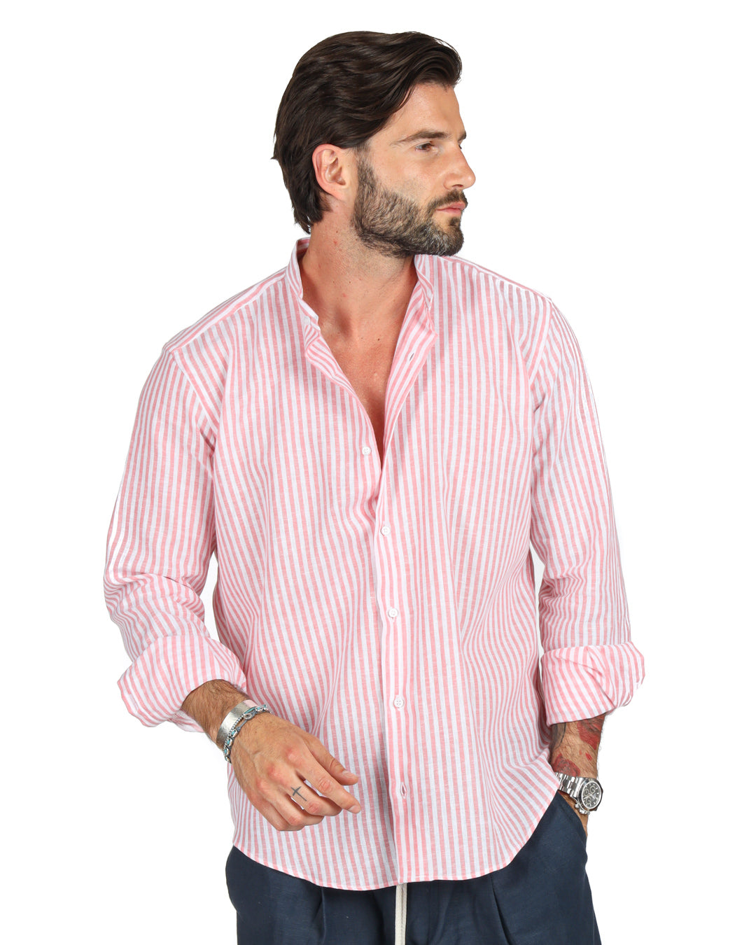 Ischia - Pink narrow striped Korean linen shirt