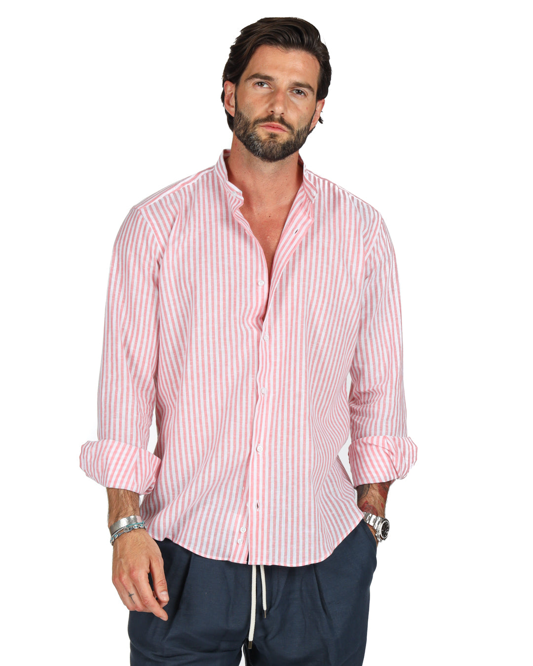 Ischia - Pink narrow striped Korean linen shirt