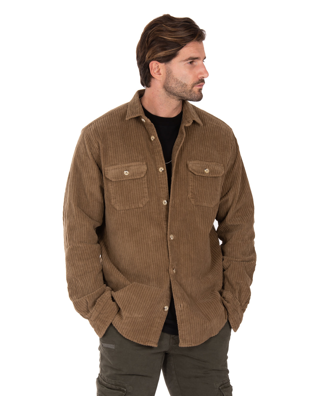 Men's brown corduroy shirt with button-up front and two chest pockets, casual style for versatile layering.