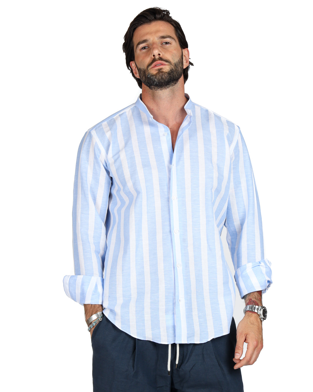 Amalfi - Korean shirt with maxi stripes in light blue