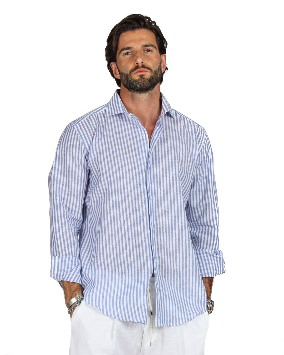 Ischia - Classic light blue narrow striped linen shirt