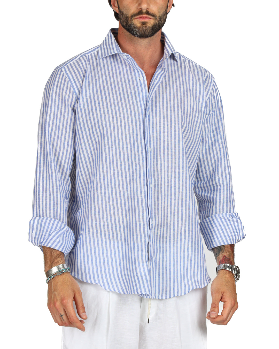 Ischia - Classic light blue narrow striped linen shirt