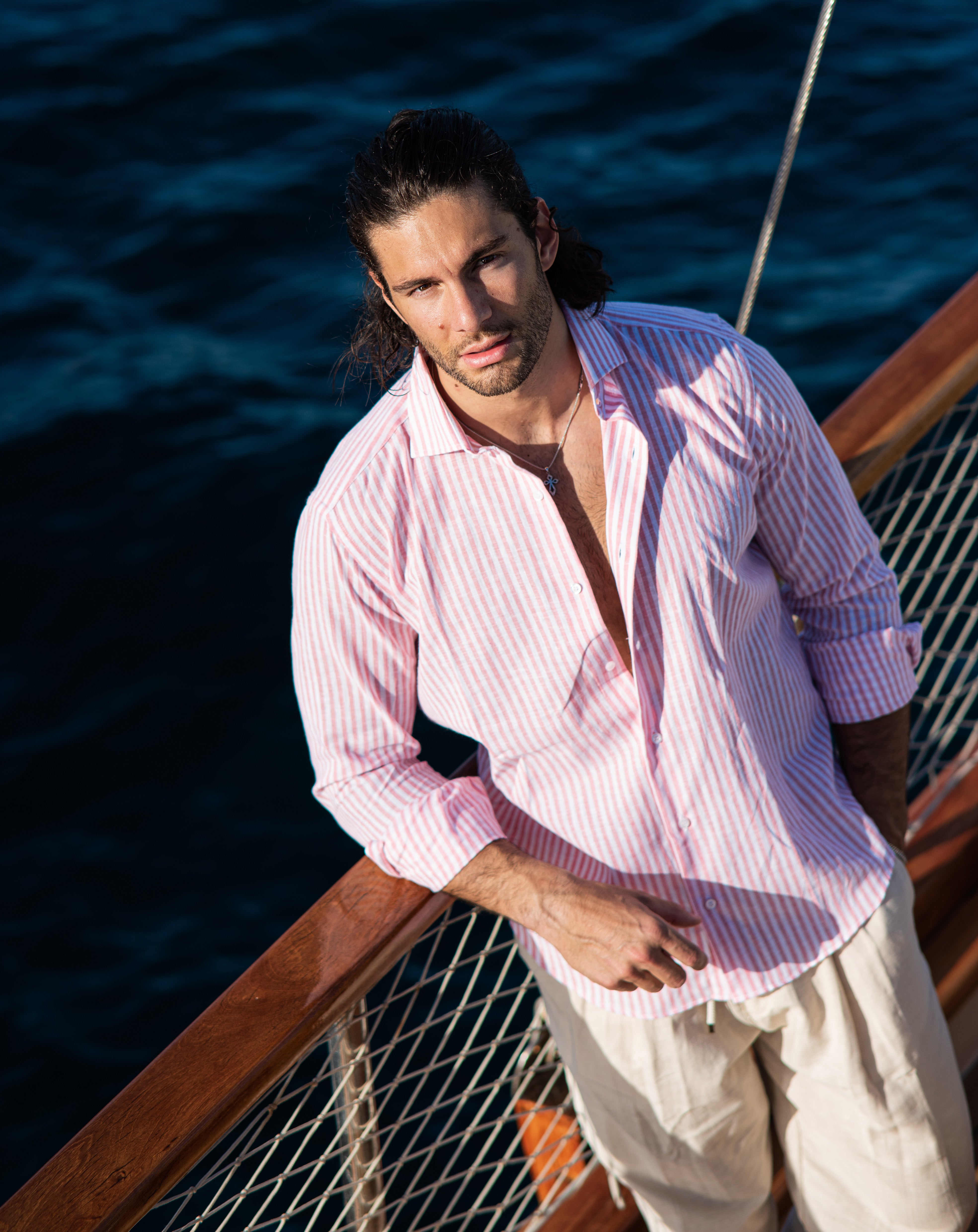 Ischia - Classic pink narrow striped linen shirt
